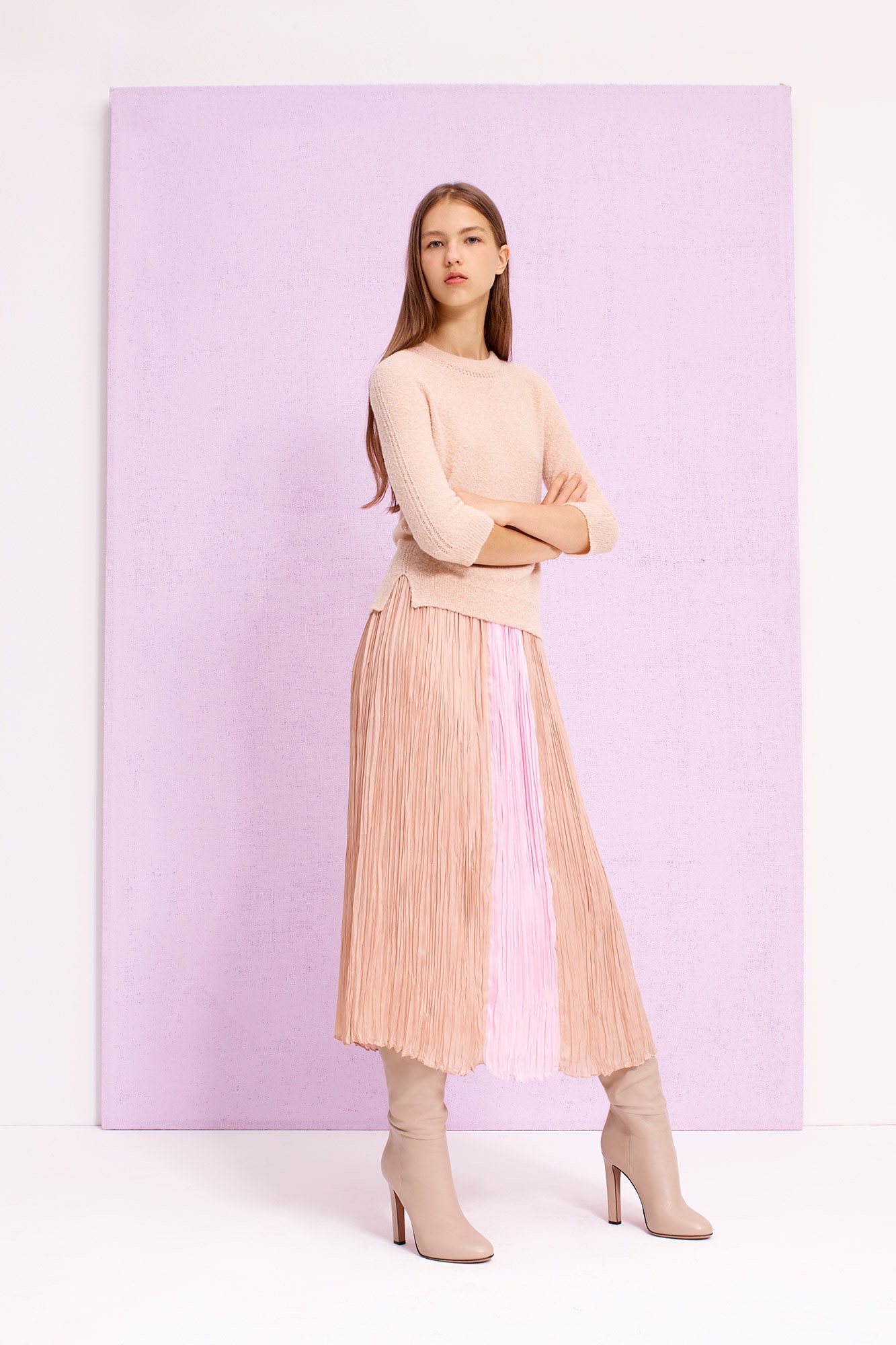 pink silk relaxed pleated flowing midi skirt