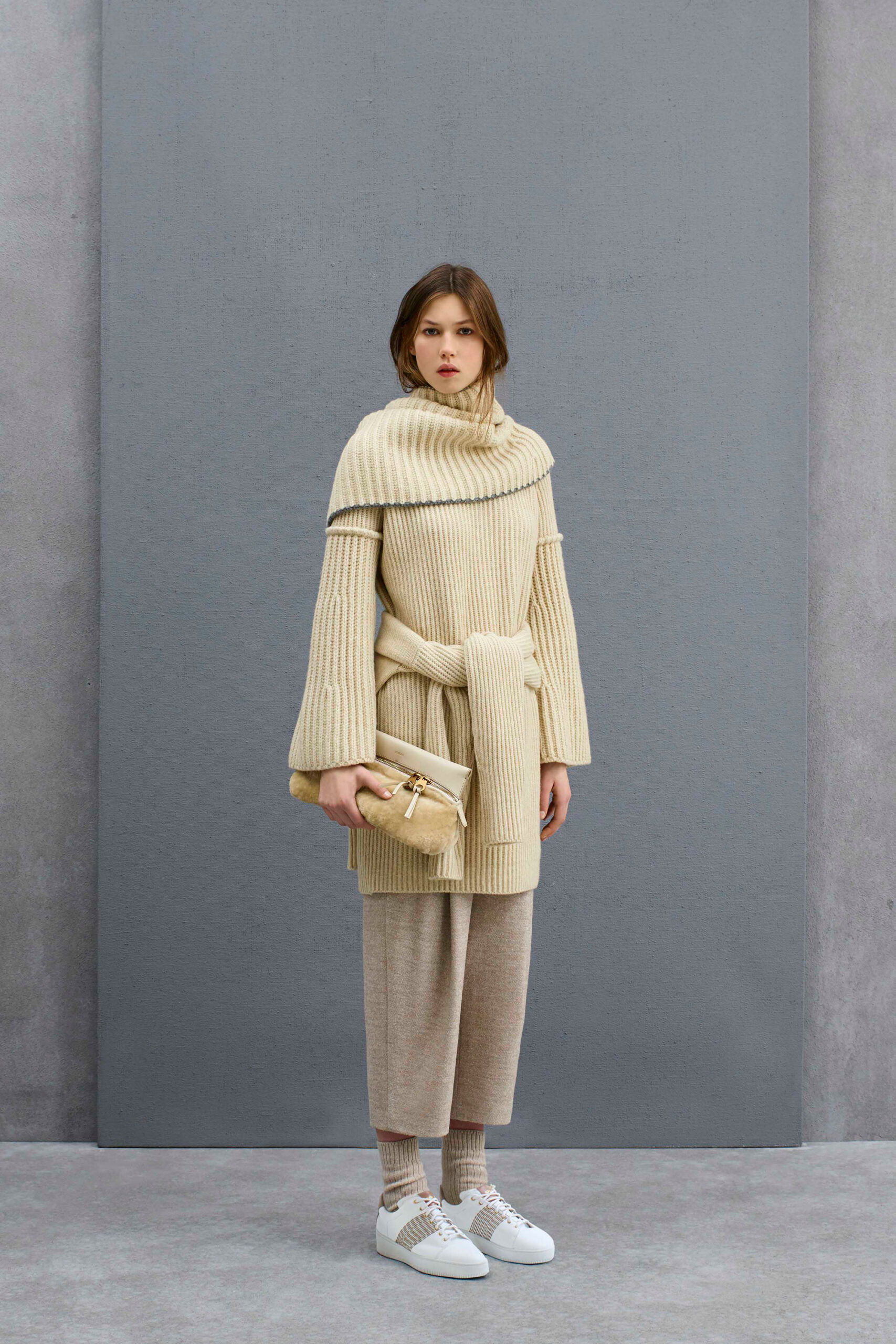 beige wool long-sleeve high-neck relaxed belted ribbed coat
