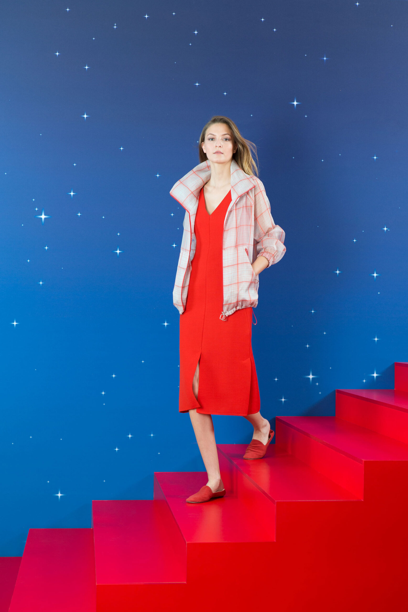 red midi dress with jacket