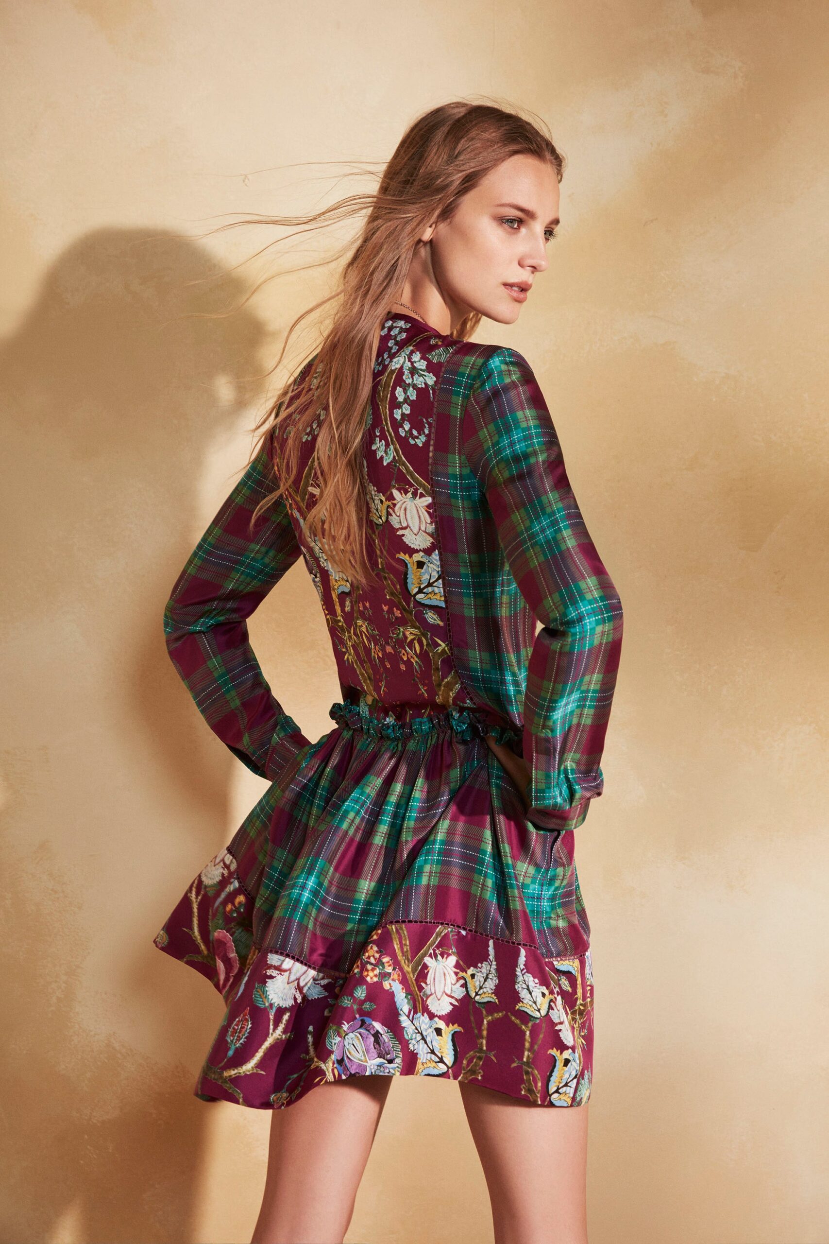 purple and green printed mini dress