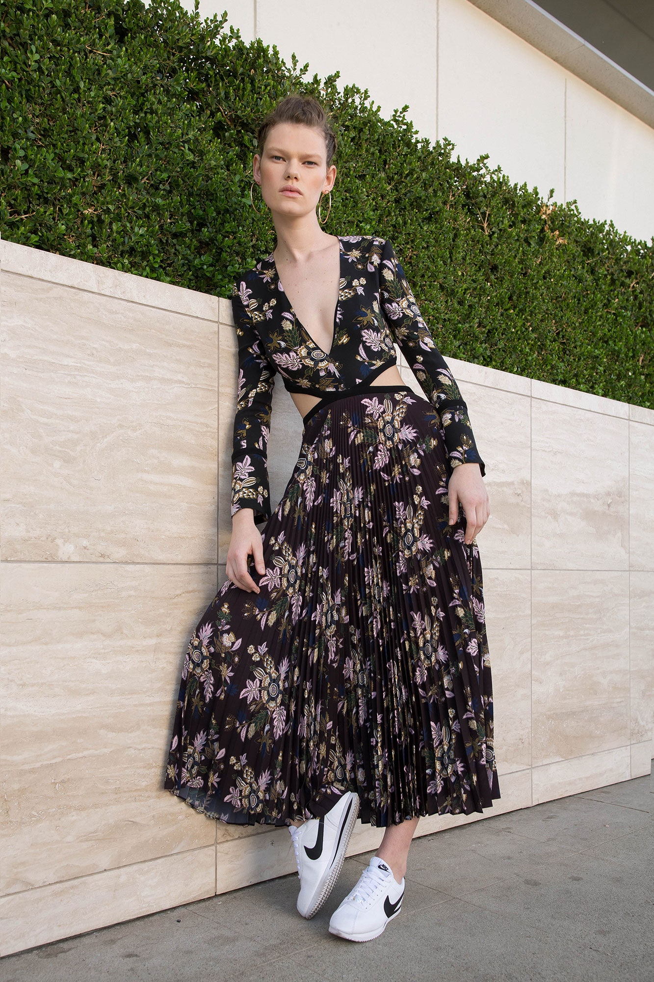 black floral midi dress with sneakers