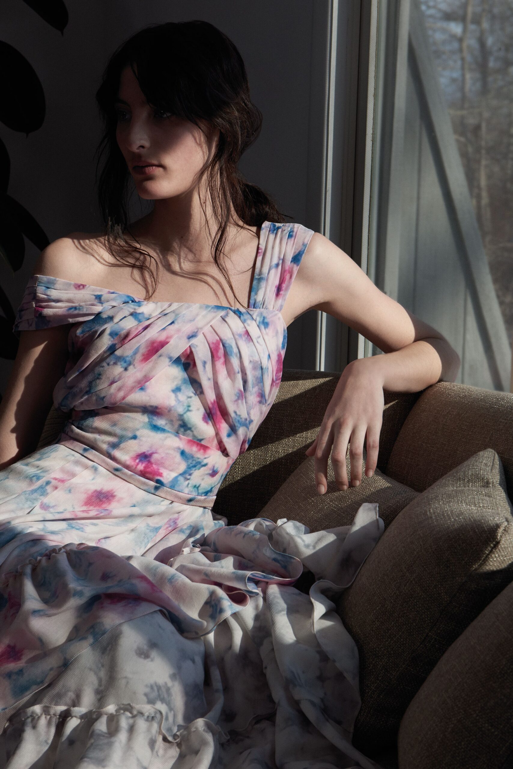 pink and blue pleated midi dress