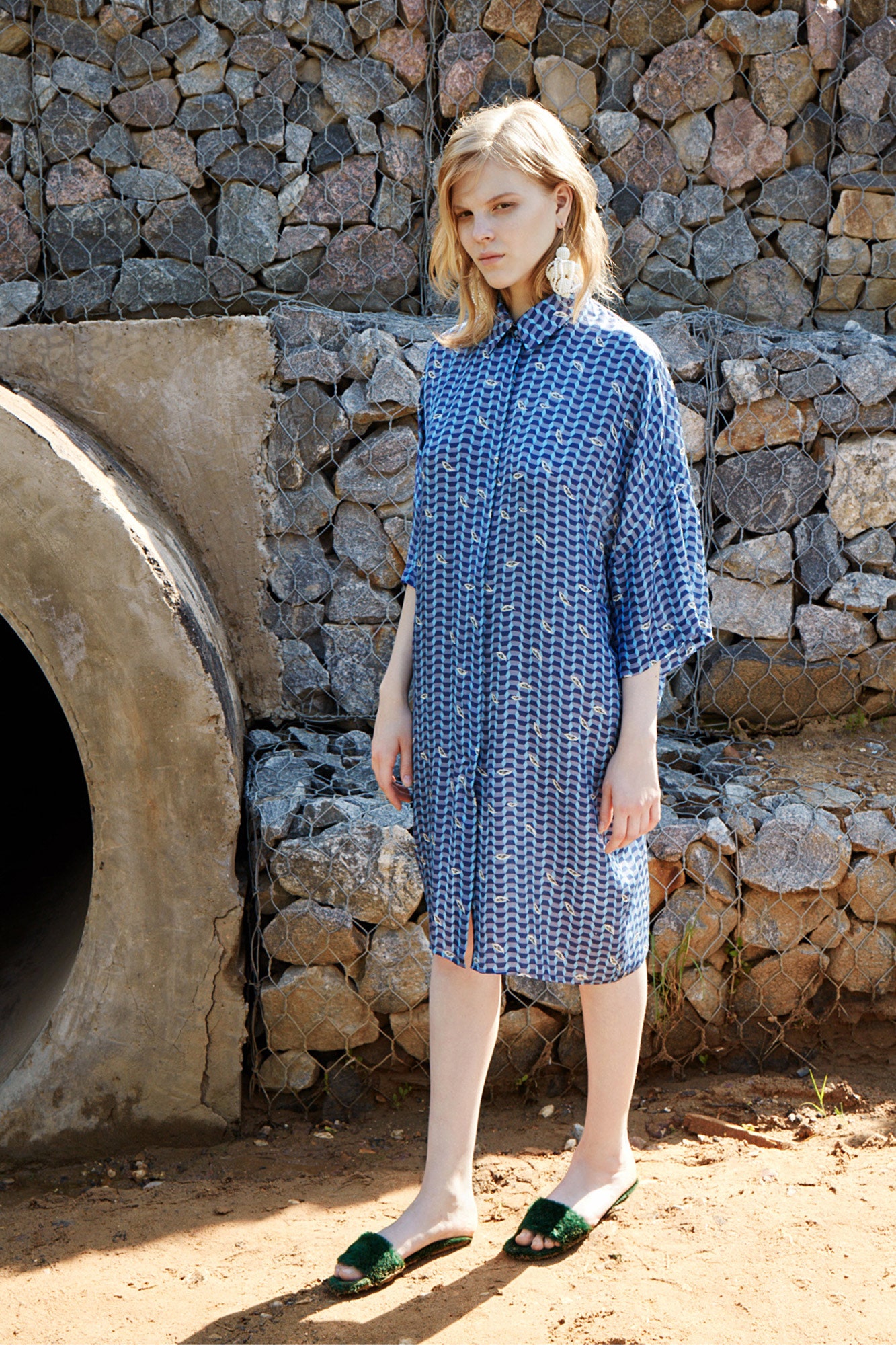 blue and white printed shirt-dress