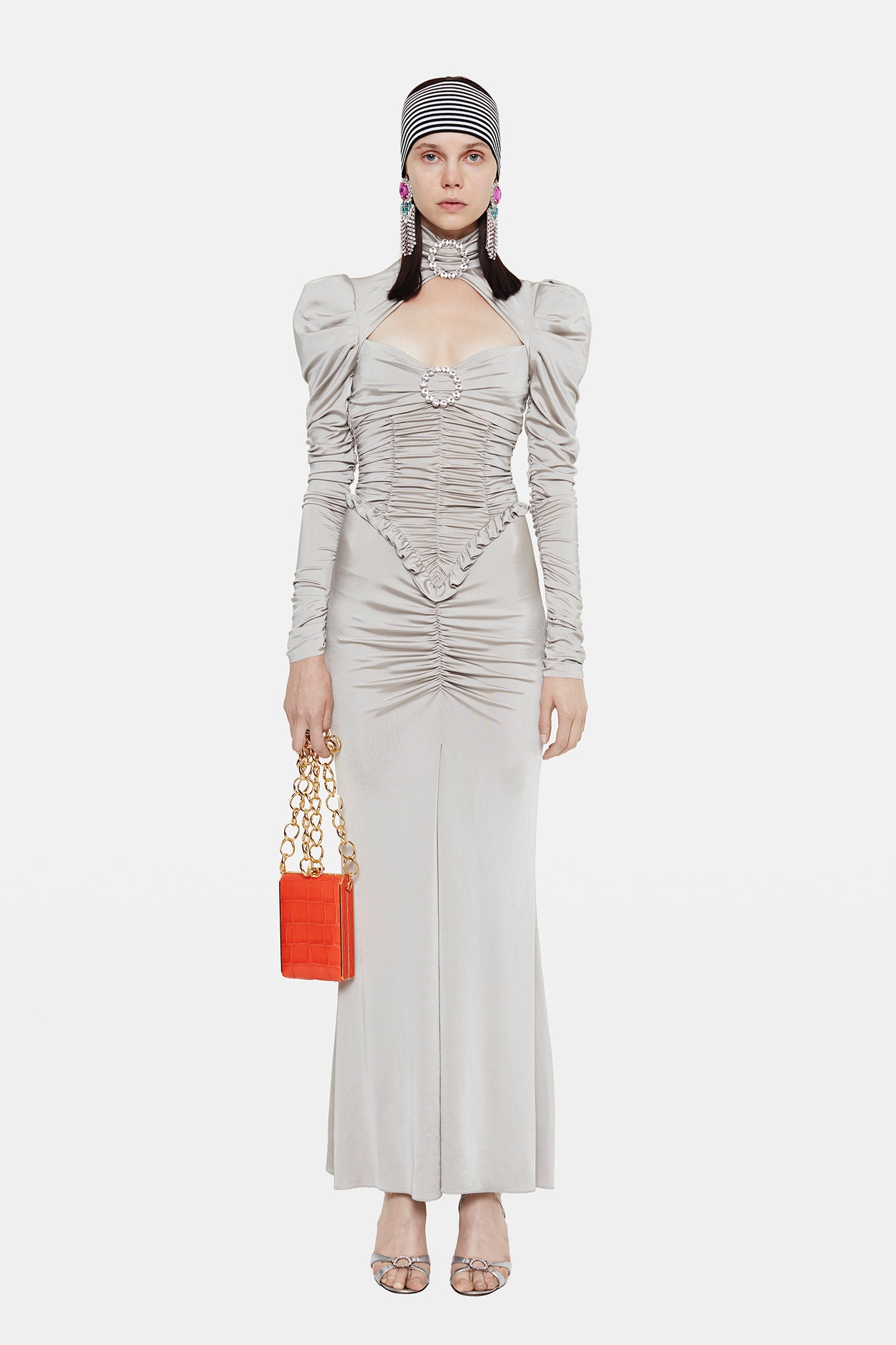 gray silk long-sleeve v-neck fitted ruched pencil gown