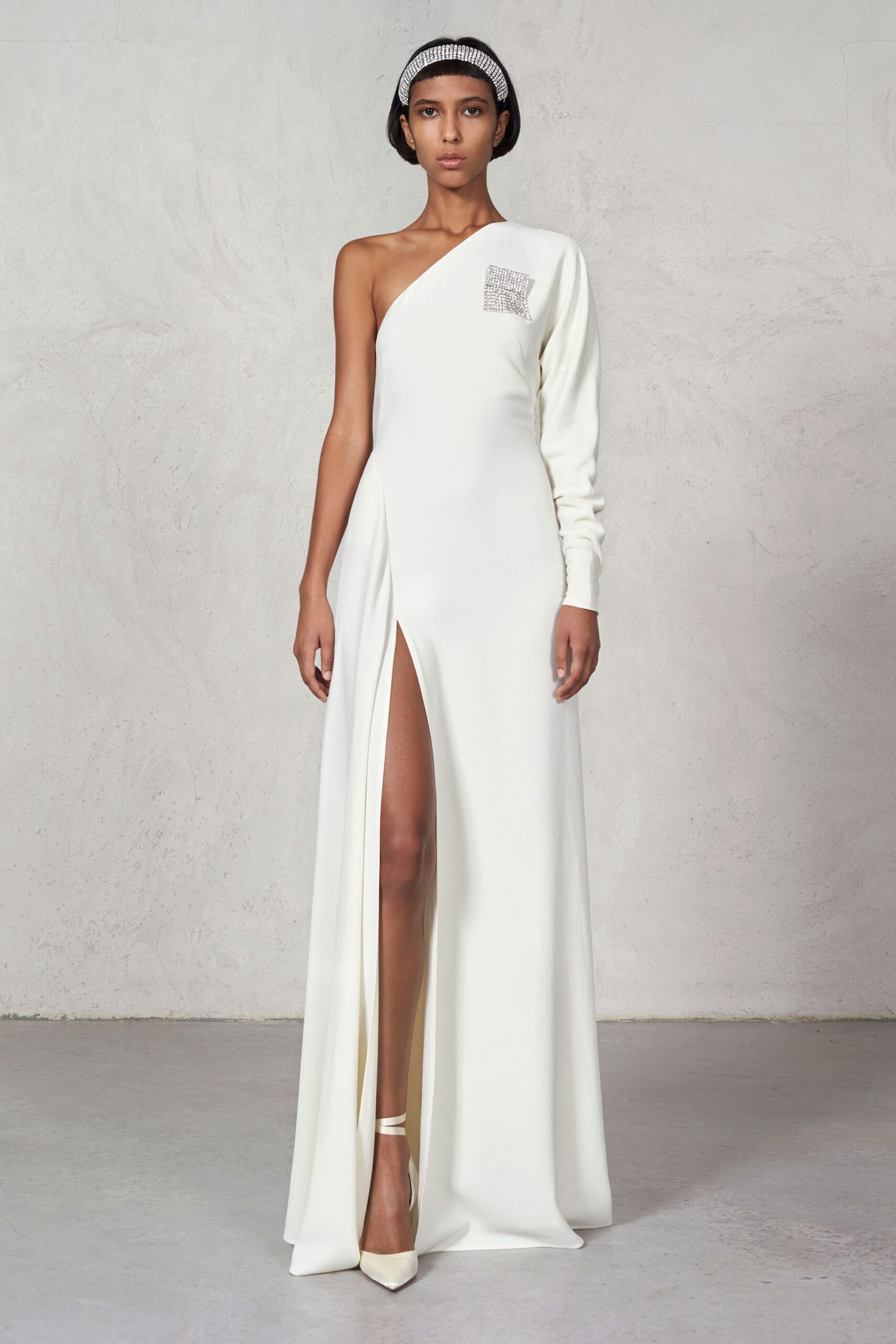 white silk fitted gown
