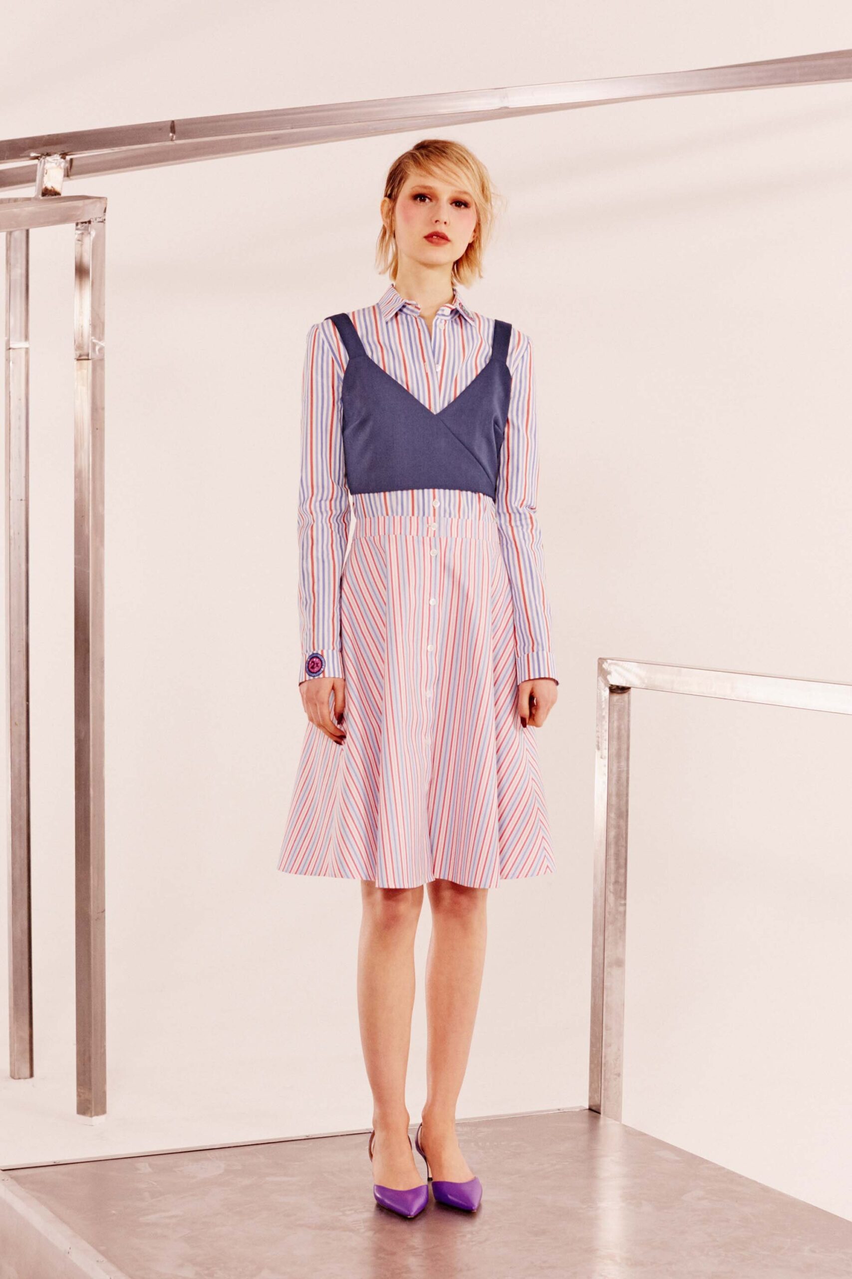 striped midi dress with blue top