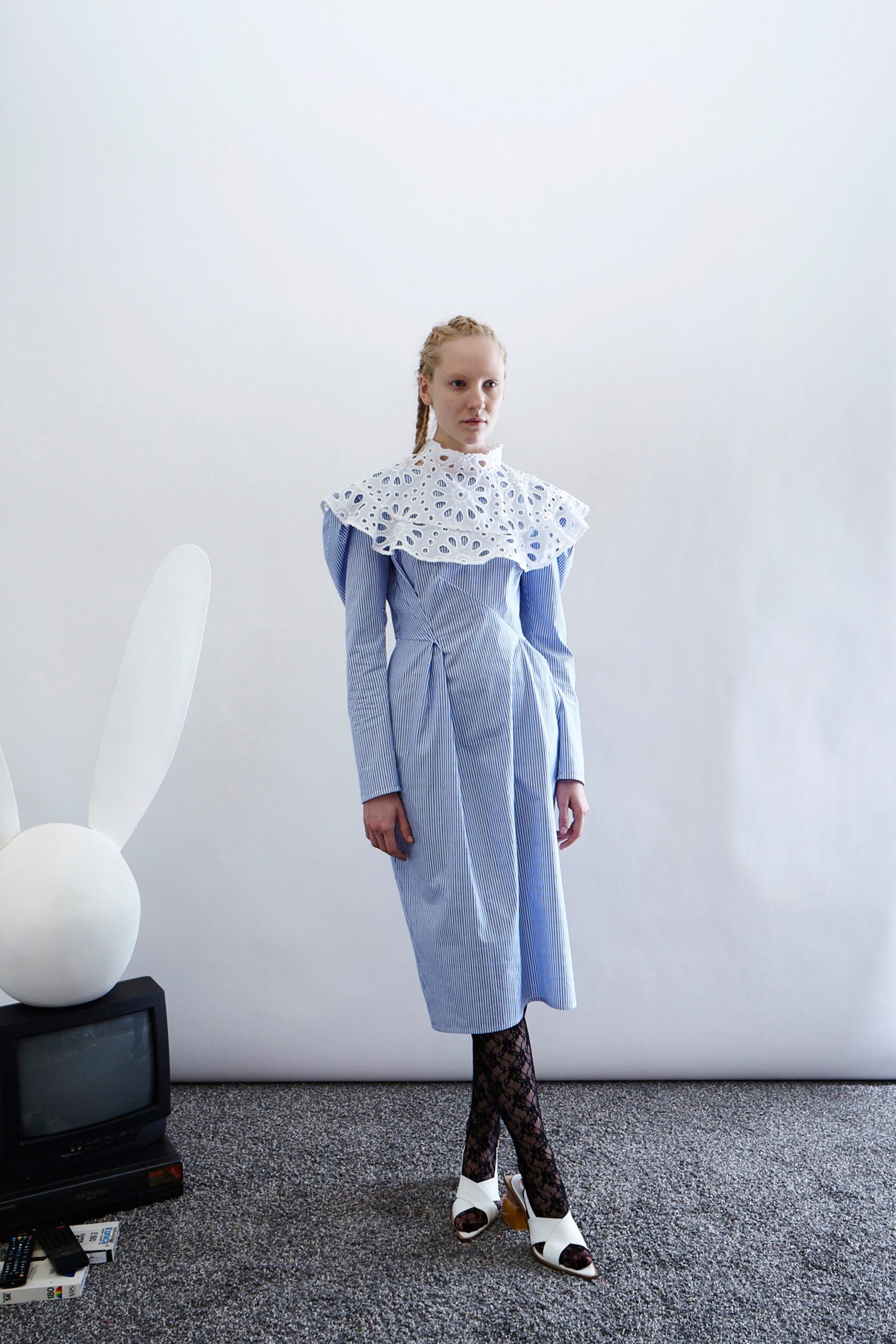 blue cotton midi dress with collar