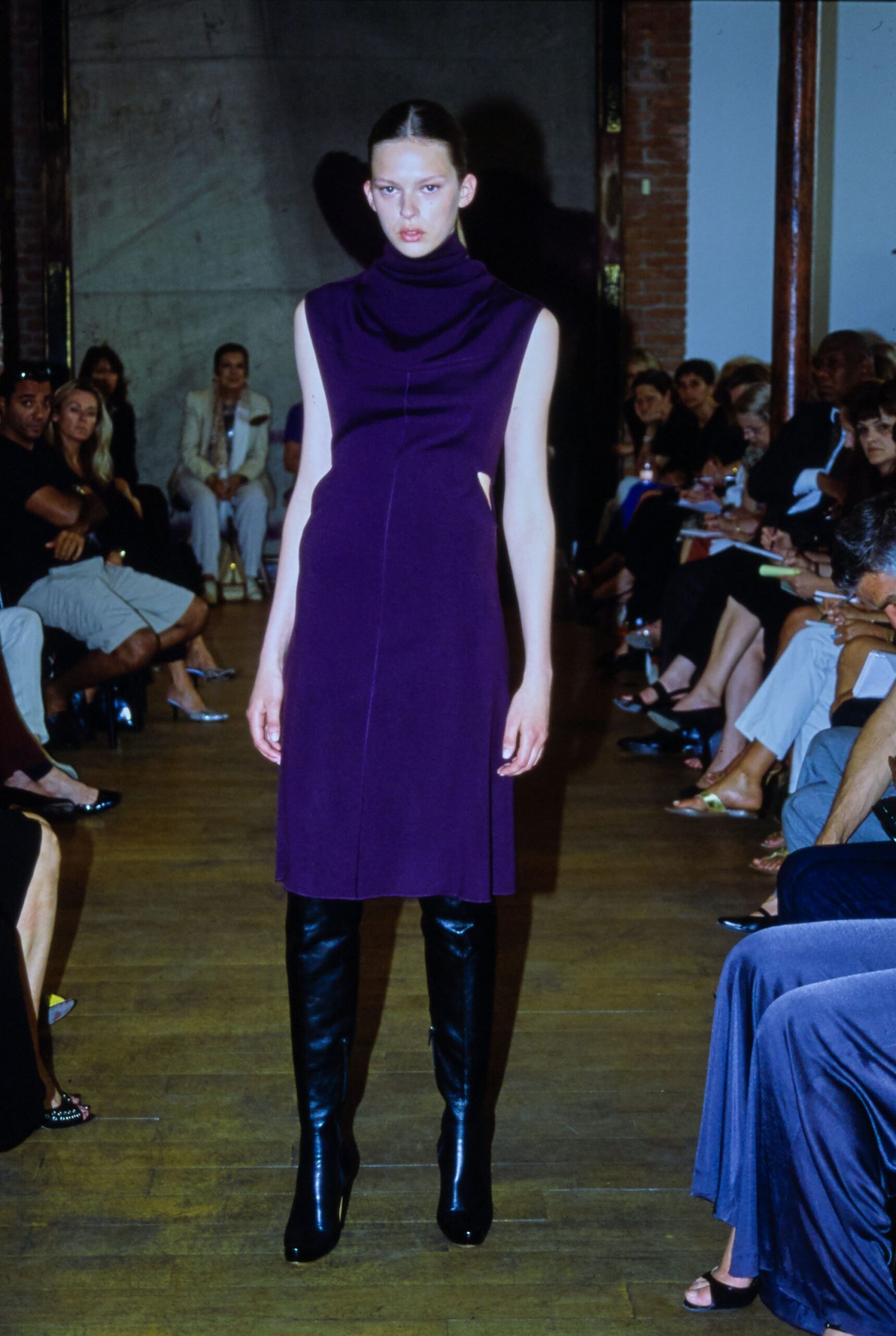 fitted purple midi dress with black boots