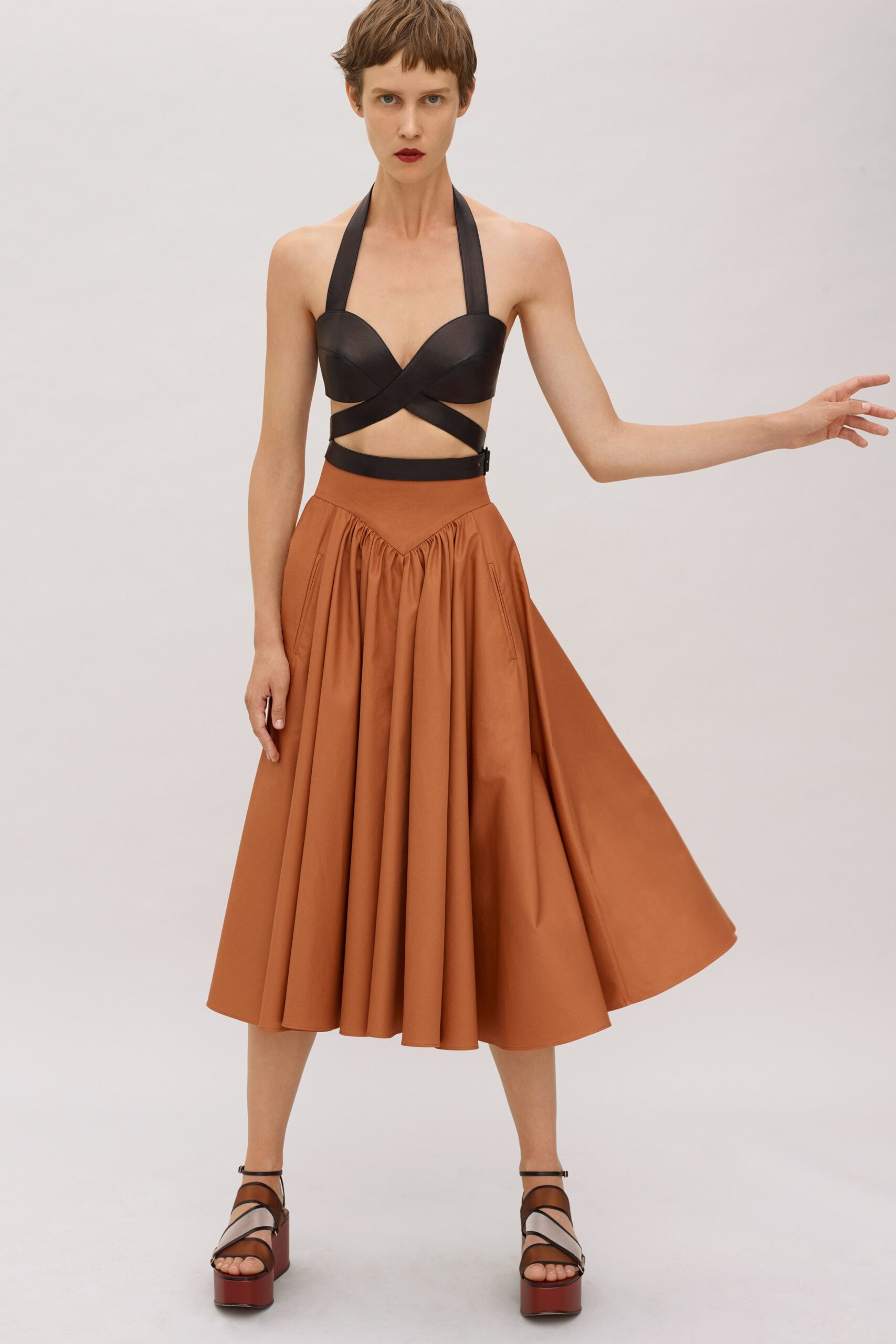 brown cotton relaxed high-waisted pleated midi skirt