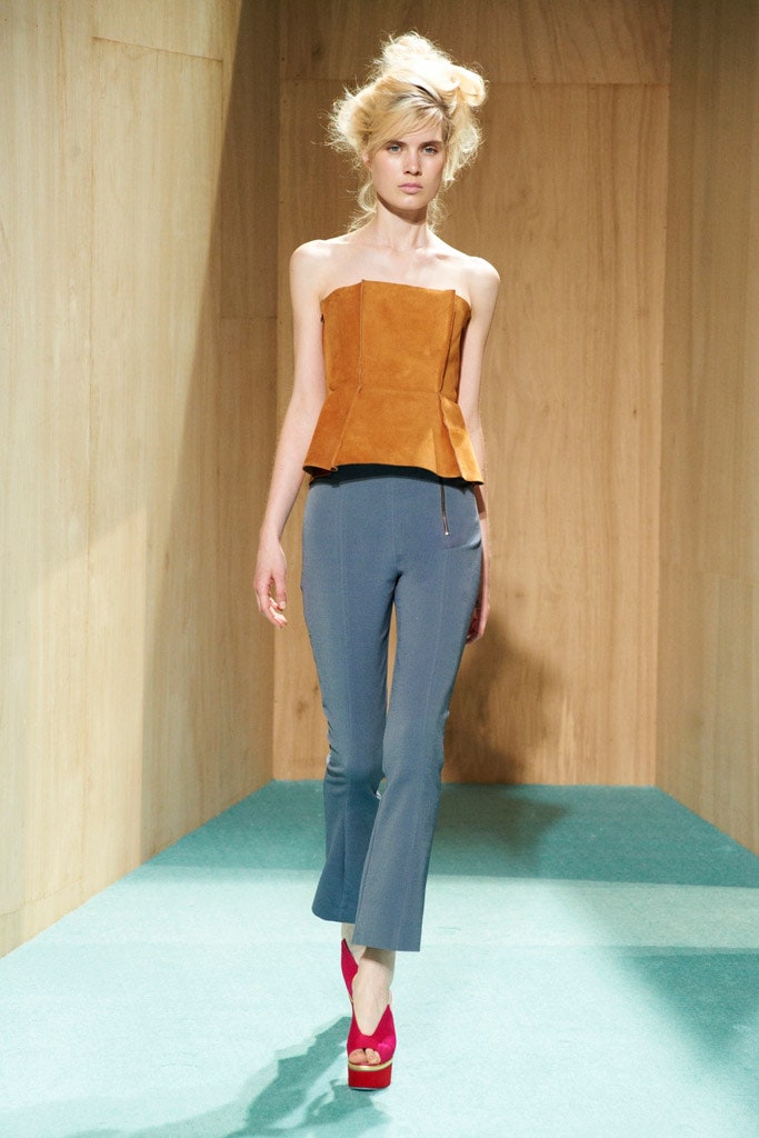 brown suede sleeveless square-neck fitted flared top