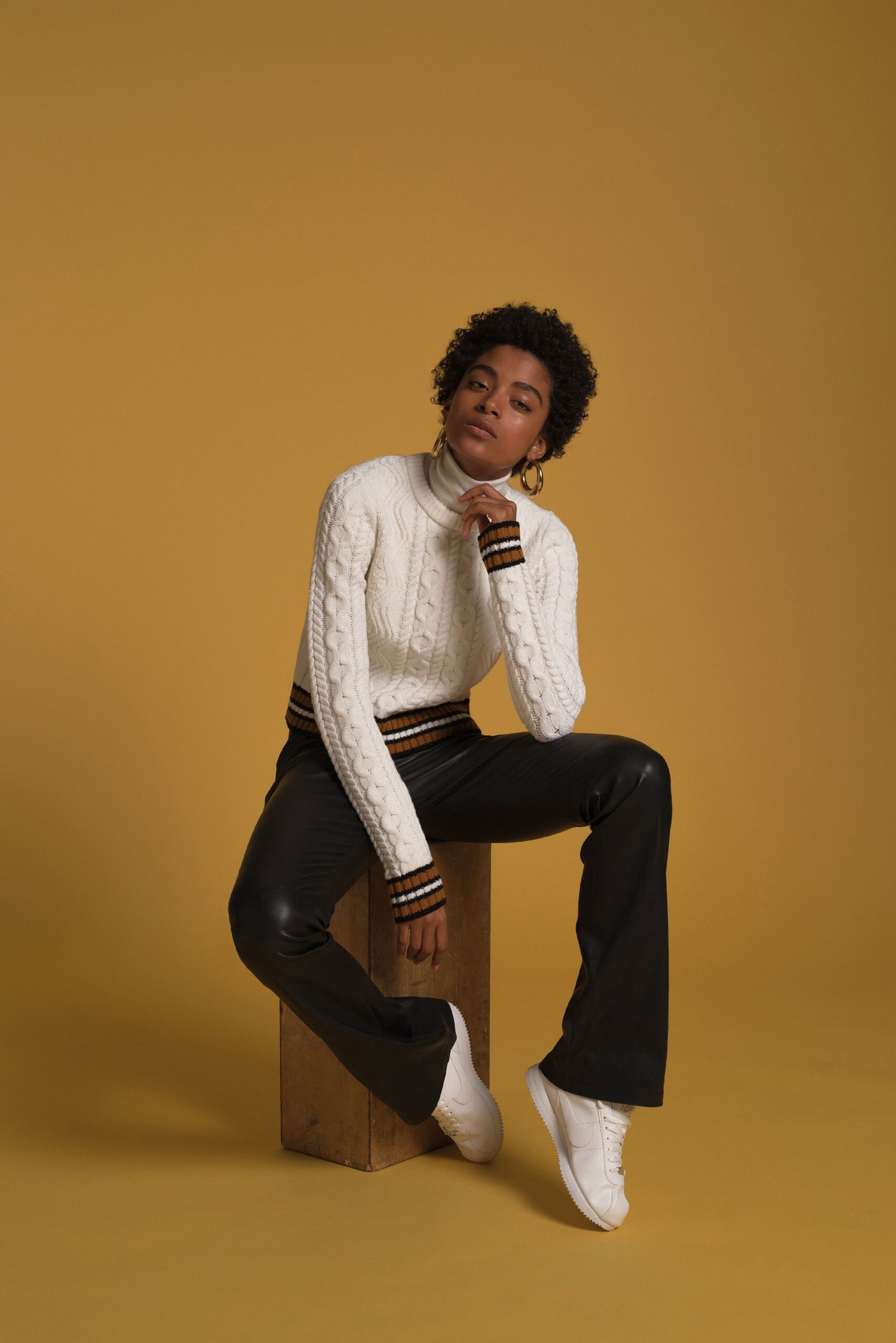 white wool long-sleeve turtleneck fitted ribbed sweater