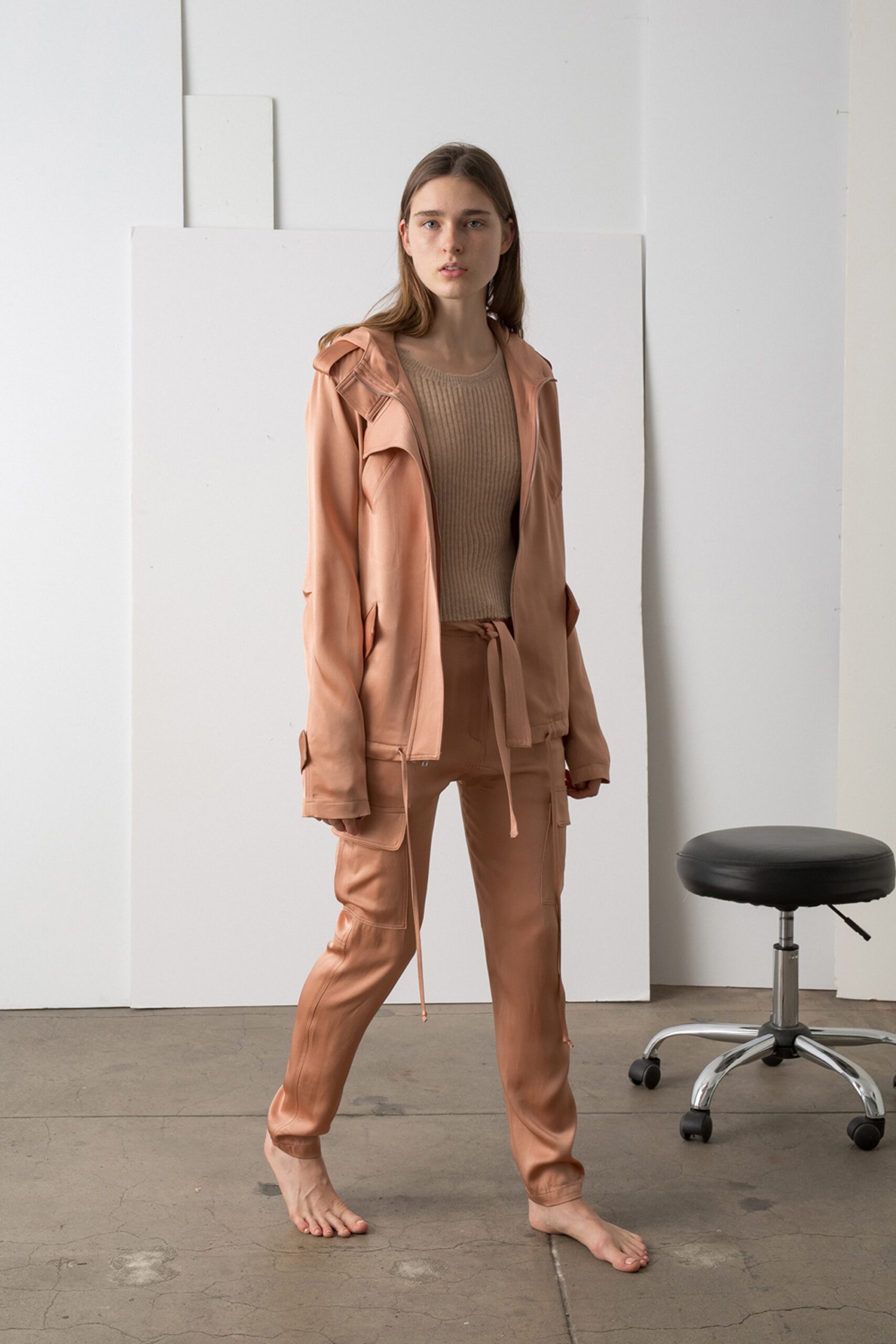 beige cotton long-sleeve collared fitted ribbed top