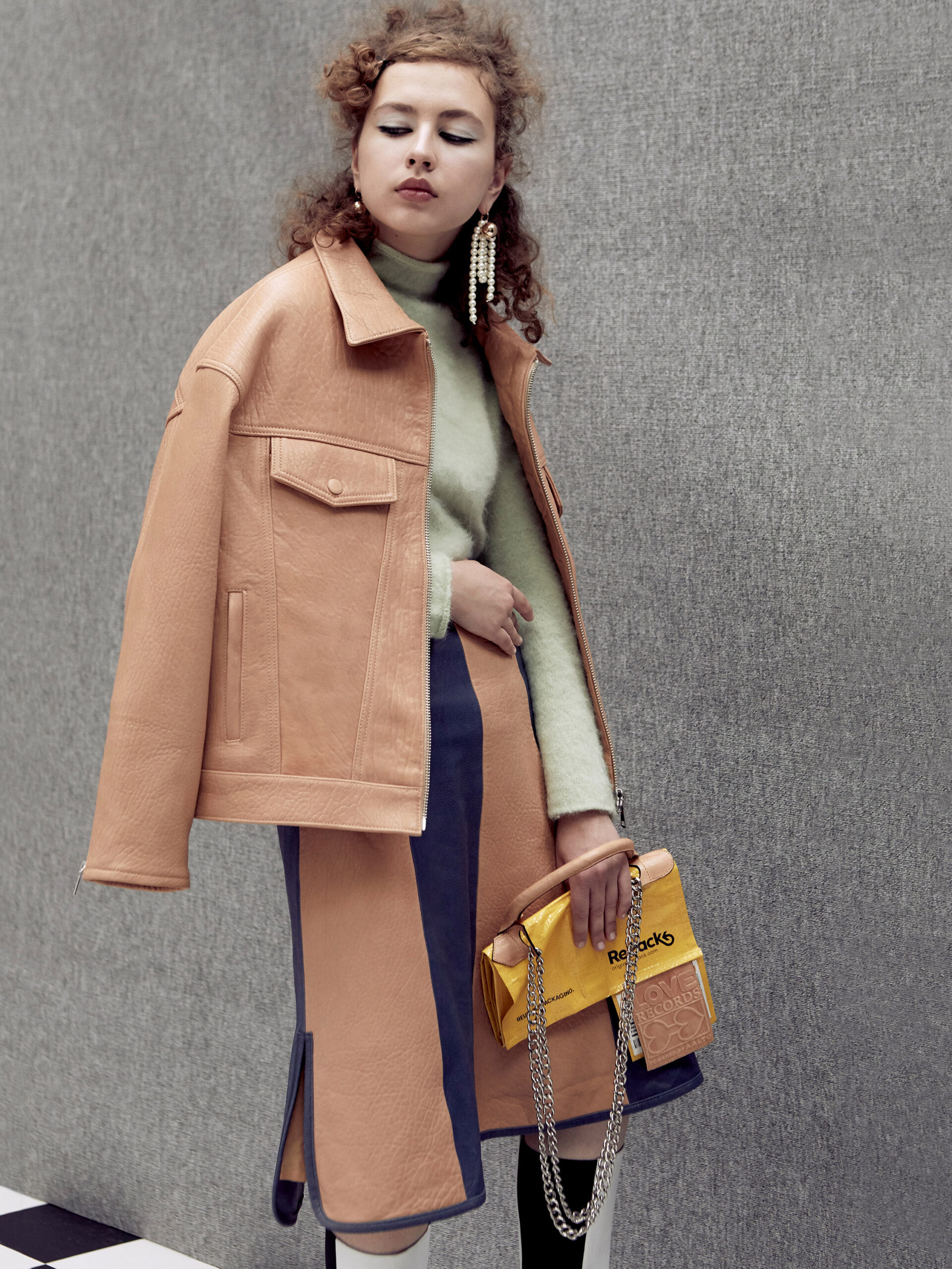 beige leather long-sleeve collared relaxed buttoned jacket