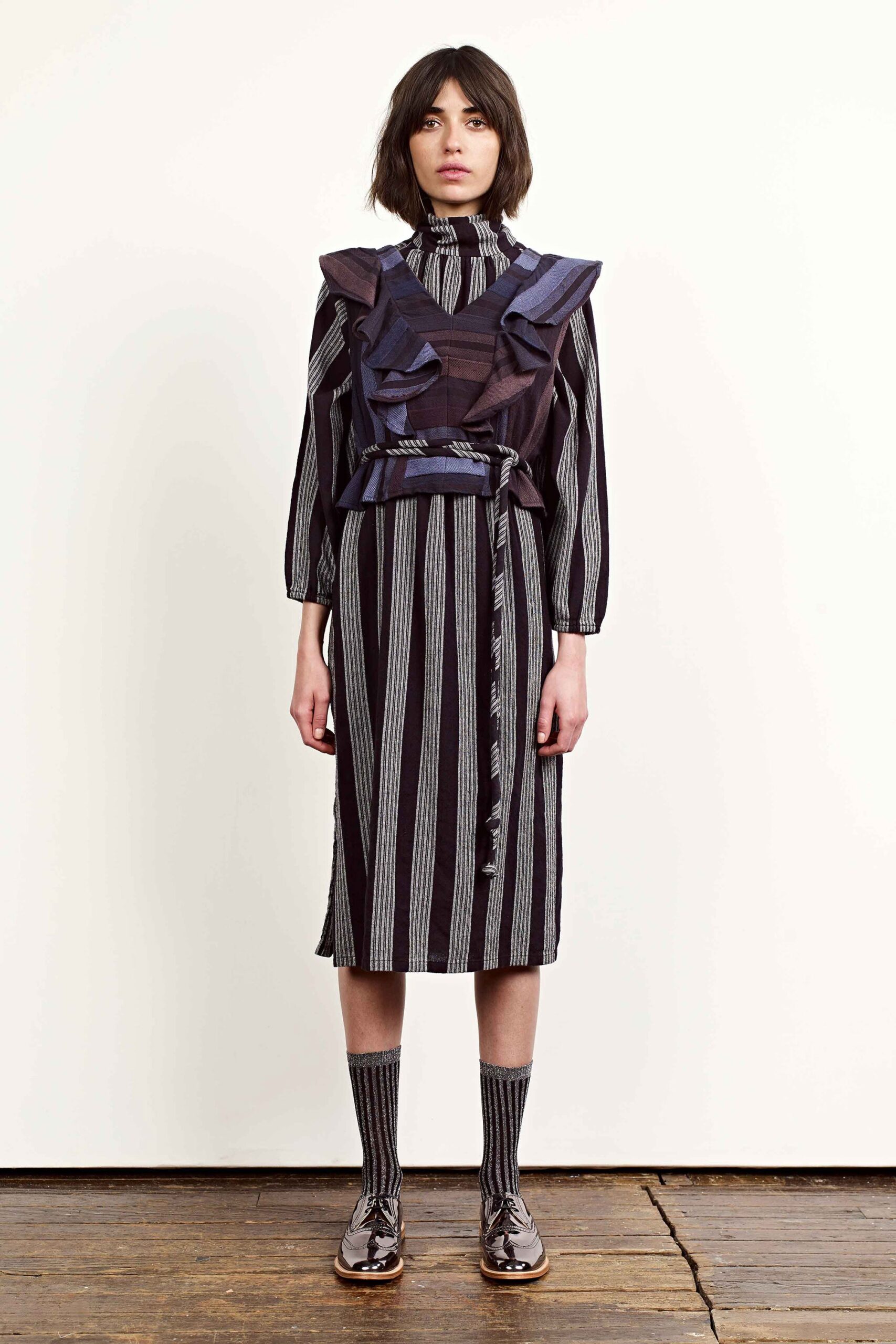 black and blue pleated dress