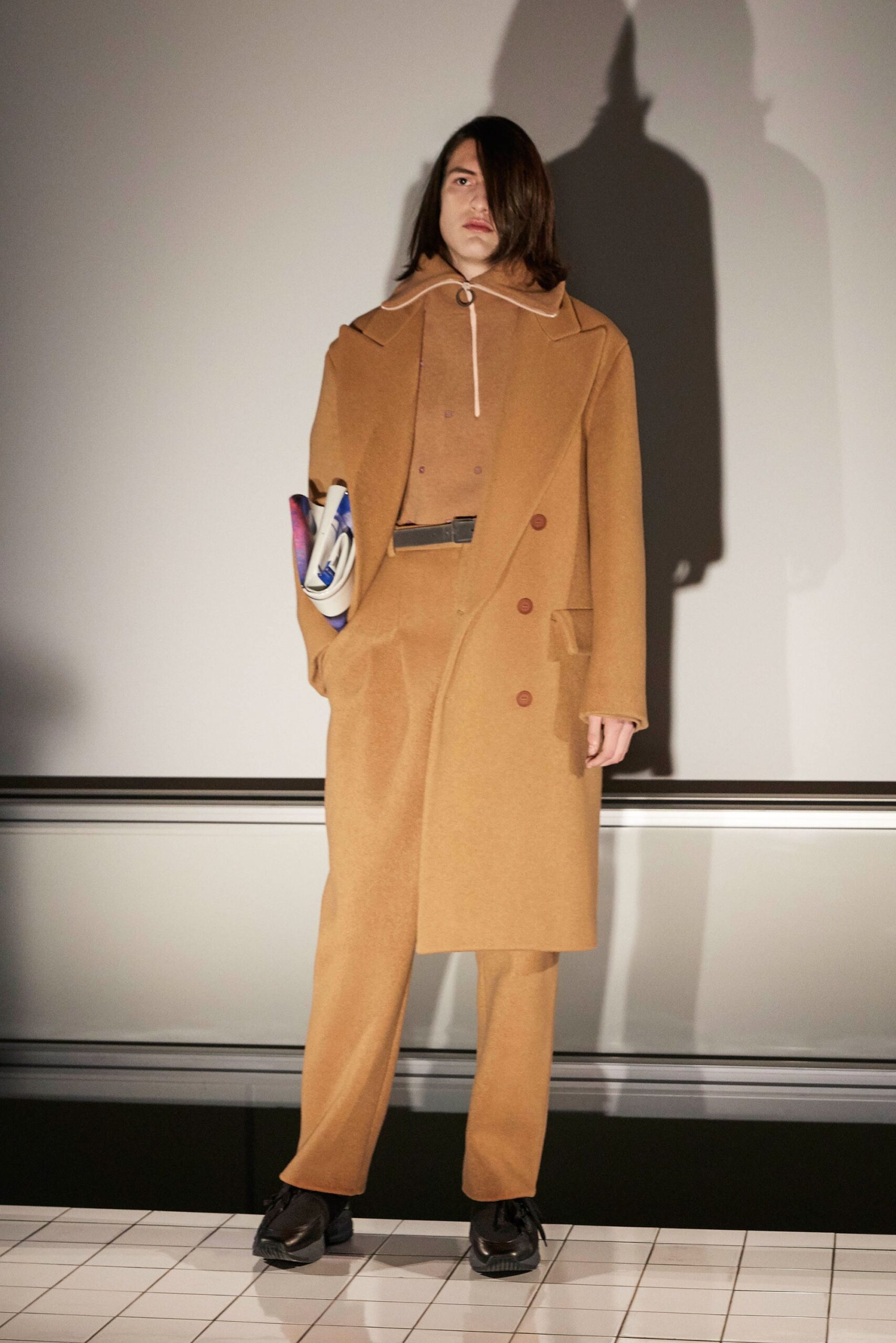 brown wool long-sleeve collared tailored buttoned coat