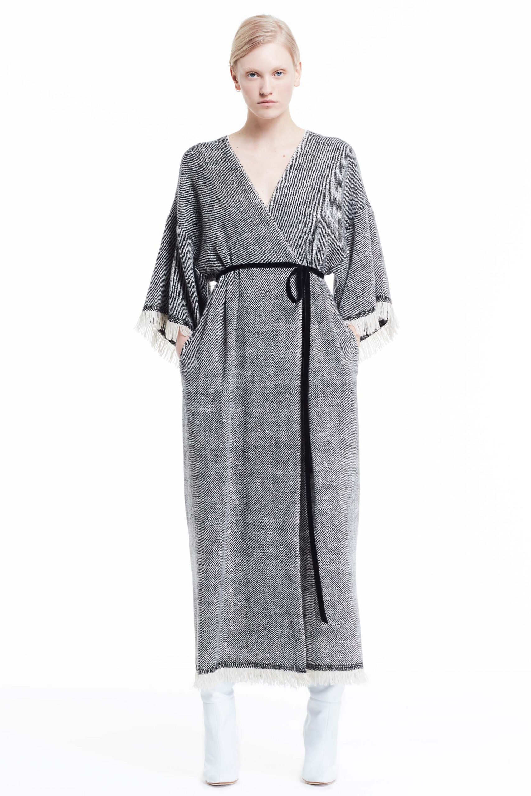 gray wool relaxed wrap dress