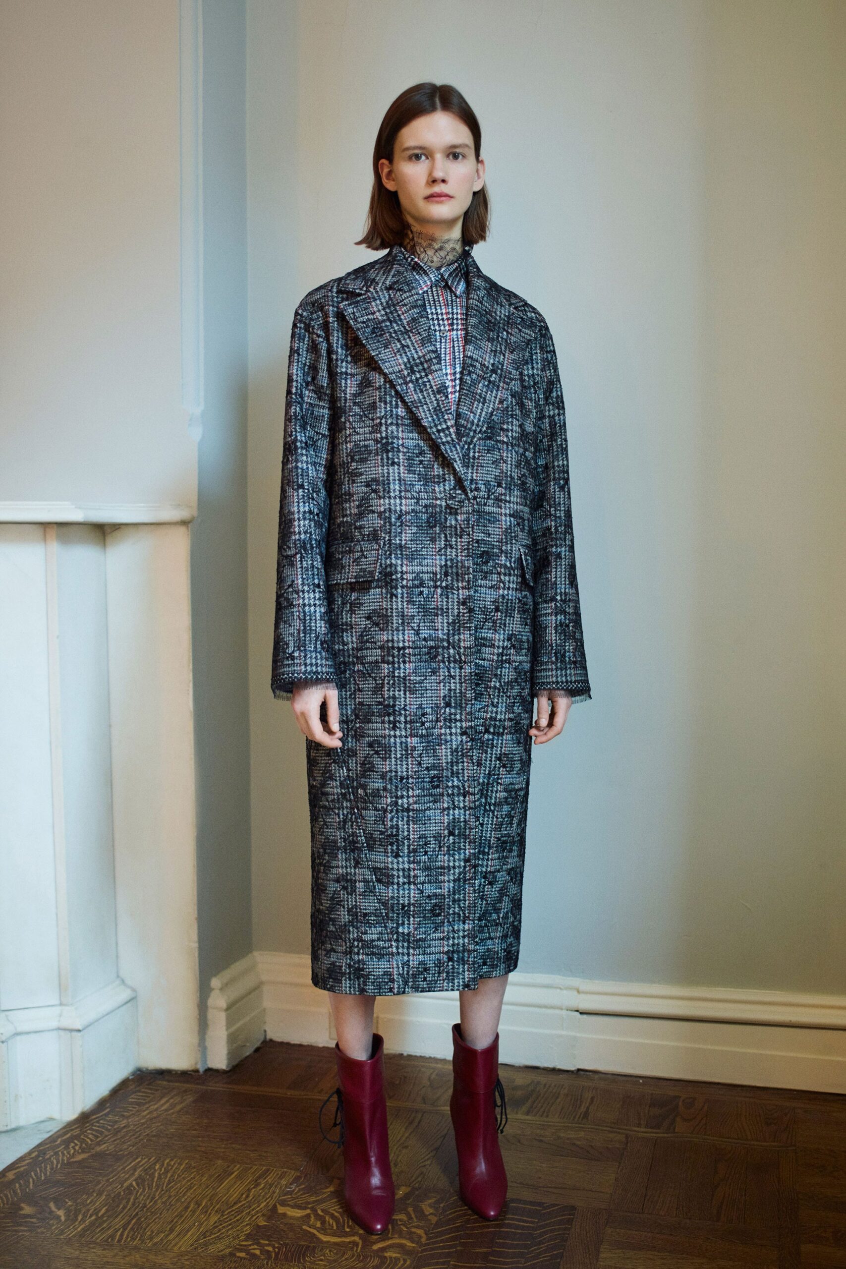 checked wool midi coat with red boots