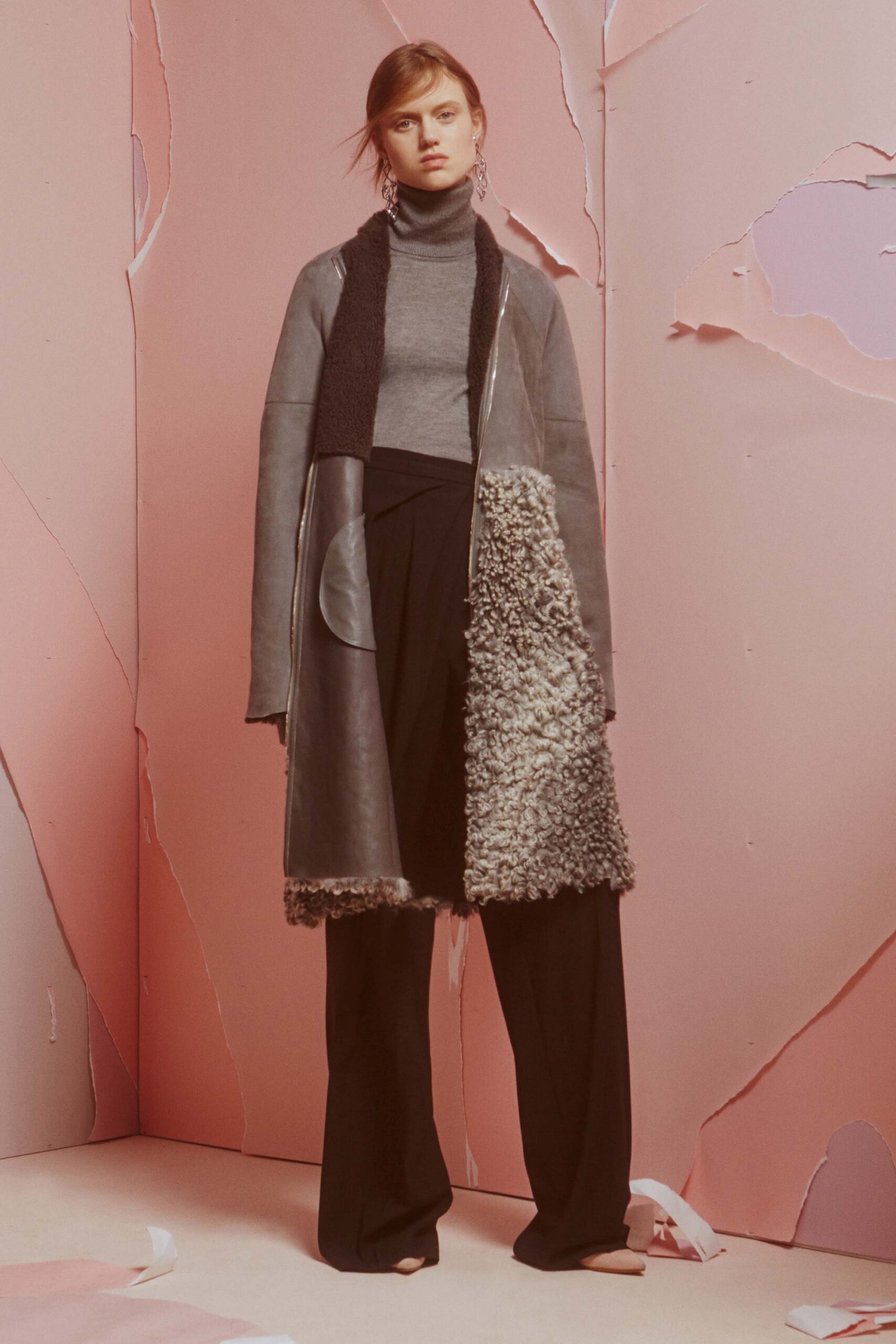 gray leather long-sleeve collared relaxed layered pockets coat
