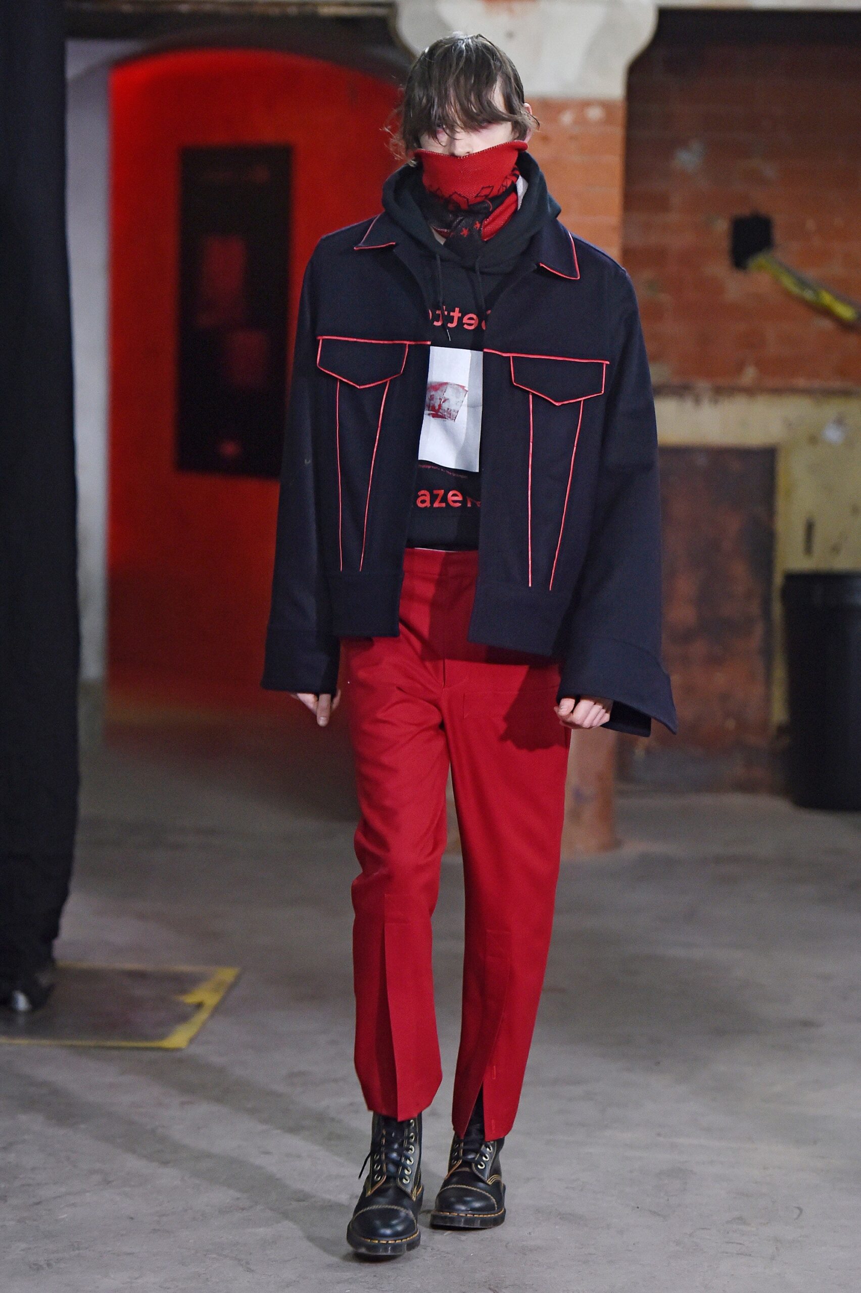 oversized black jacket with red pants