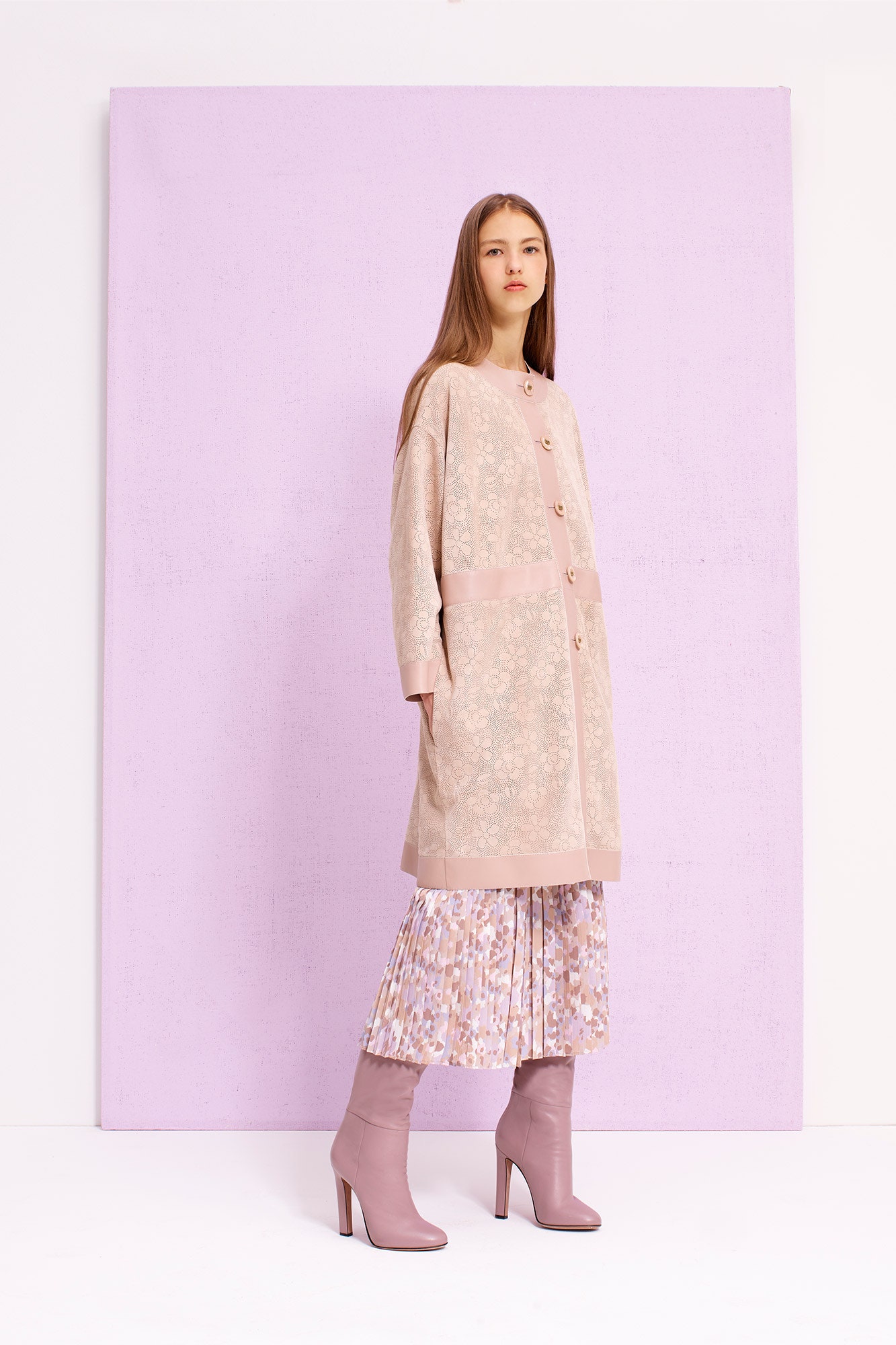 pink coat with pleated skirt