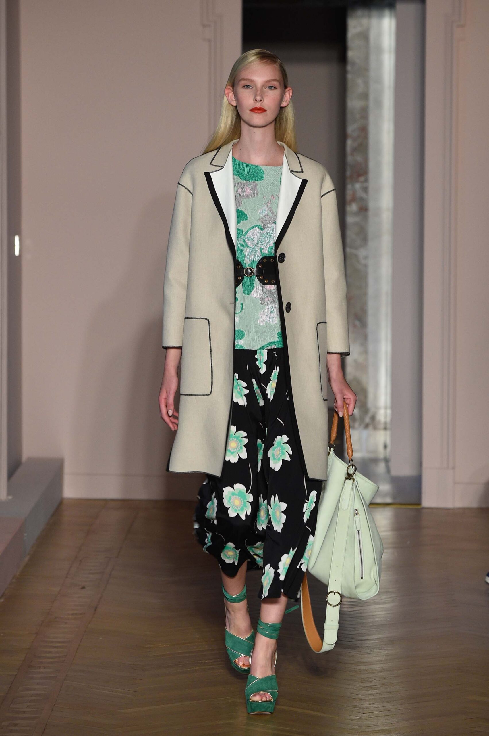 beige coat with printed top