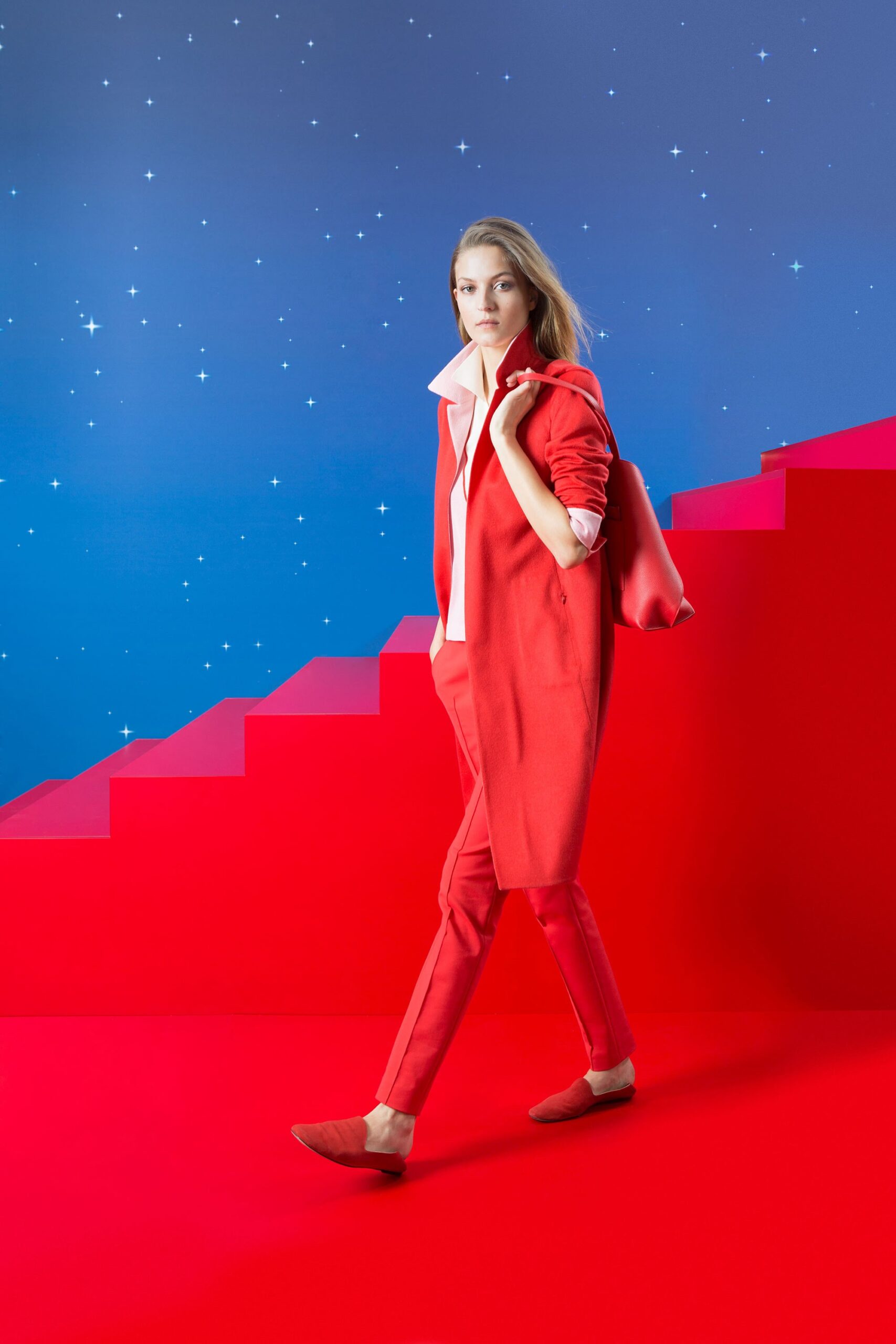 red long-sleeve collared fitted coat