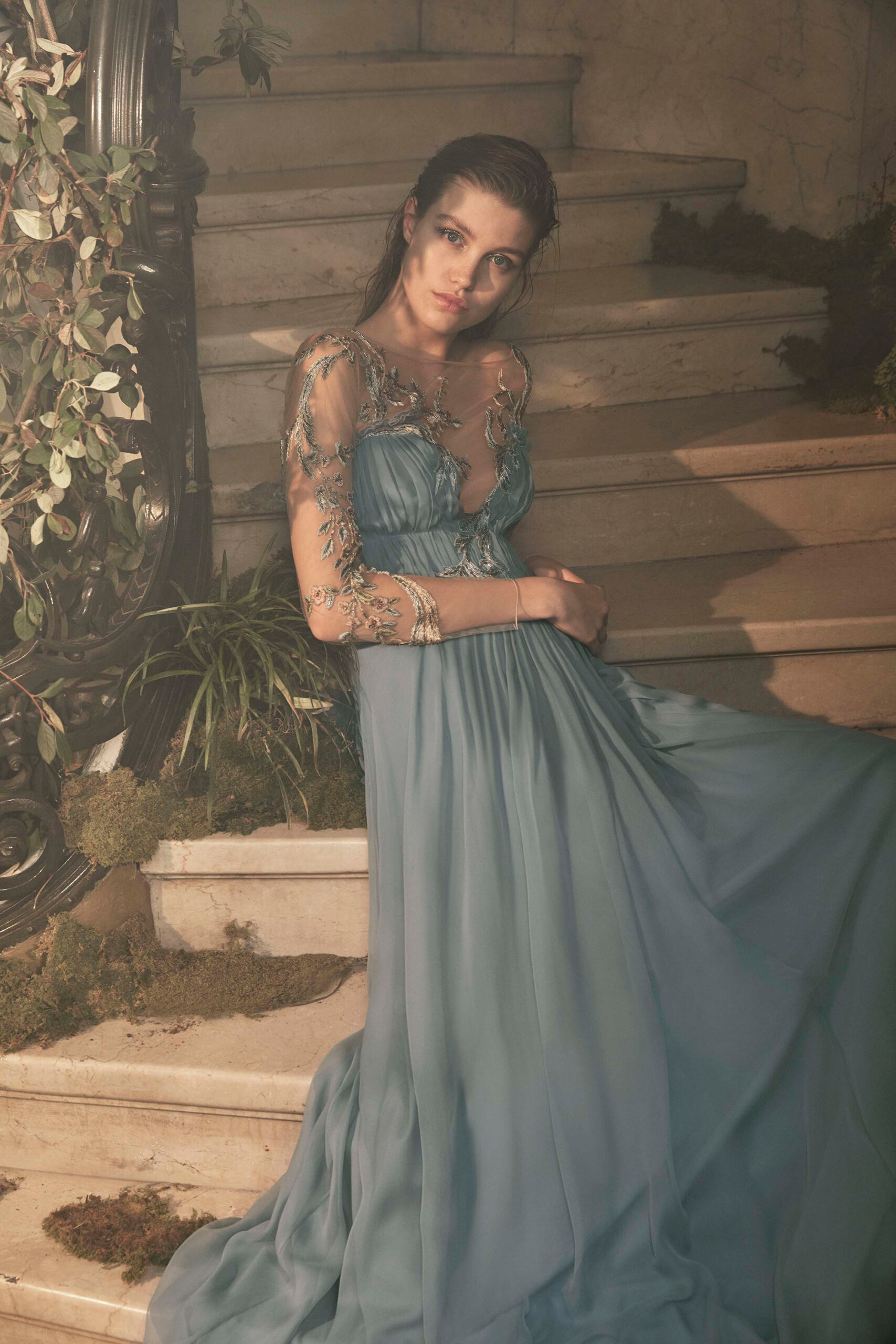 blue silk embellished gown