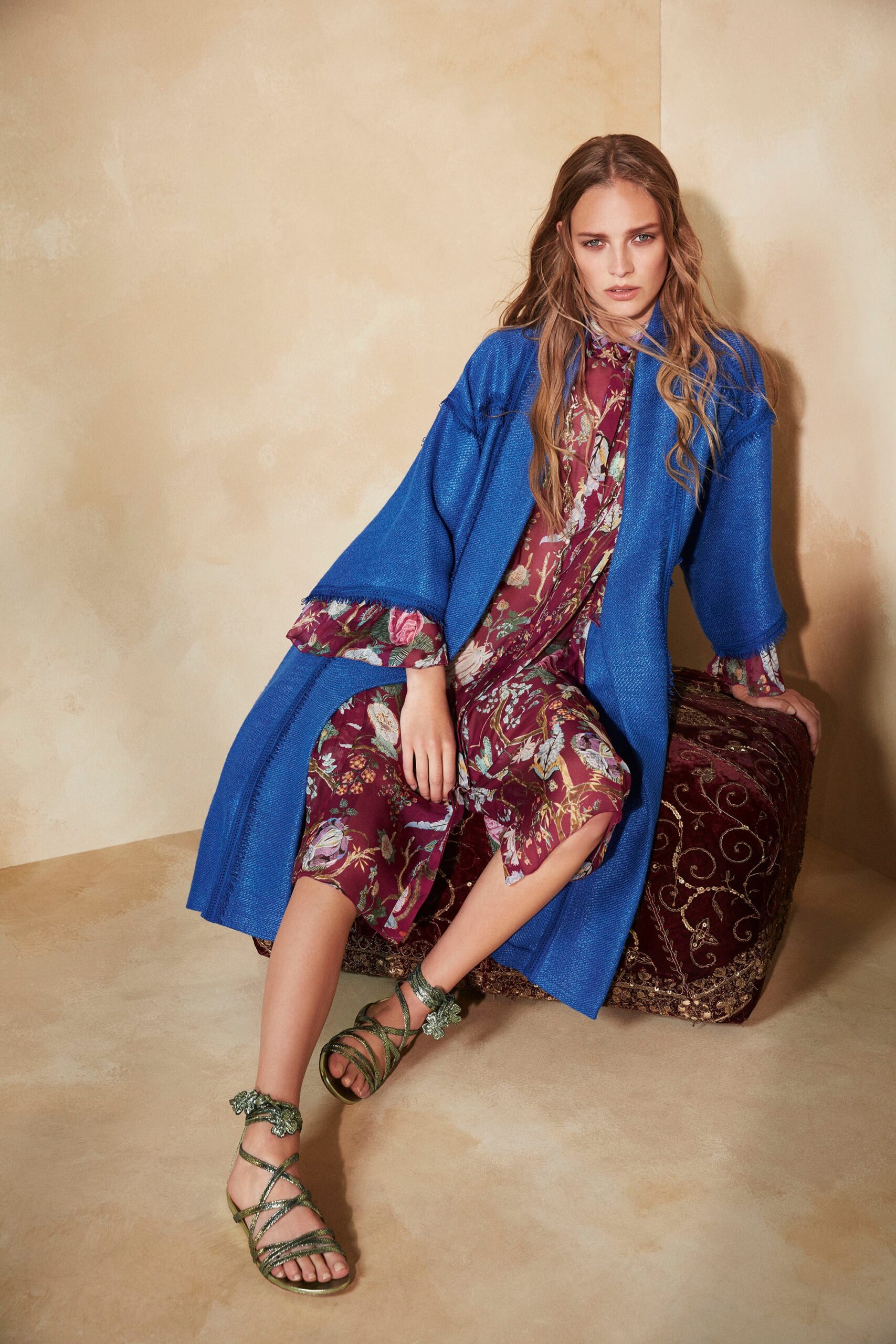 red silk long-sleeve collared relaxed floral tiered dress