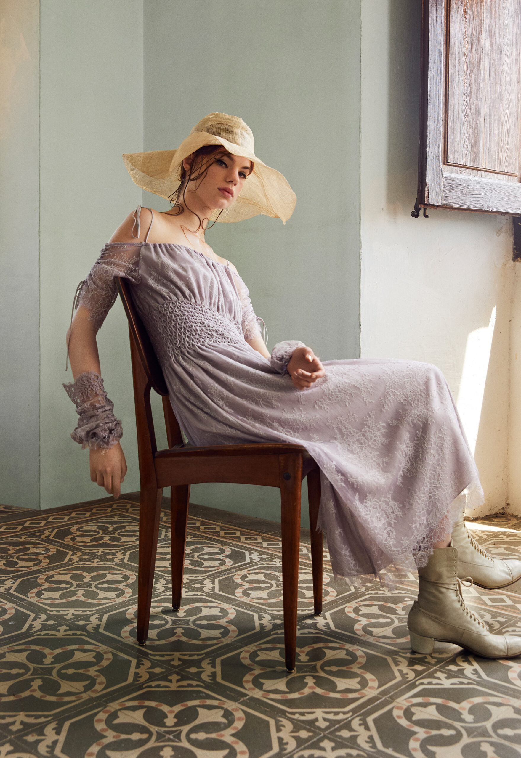 lavender embroidered midi dress with hat
