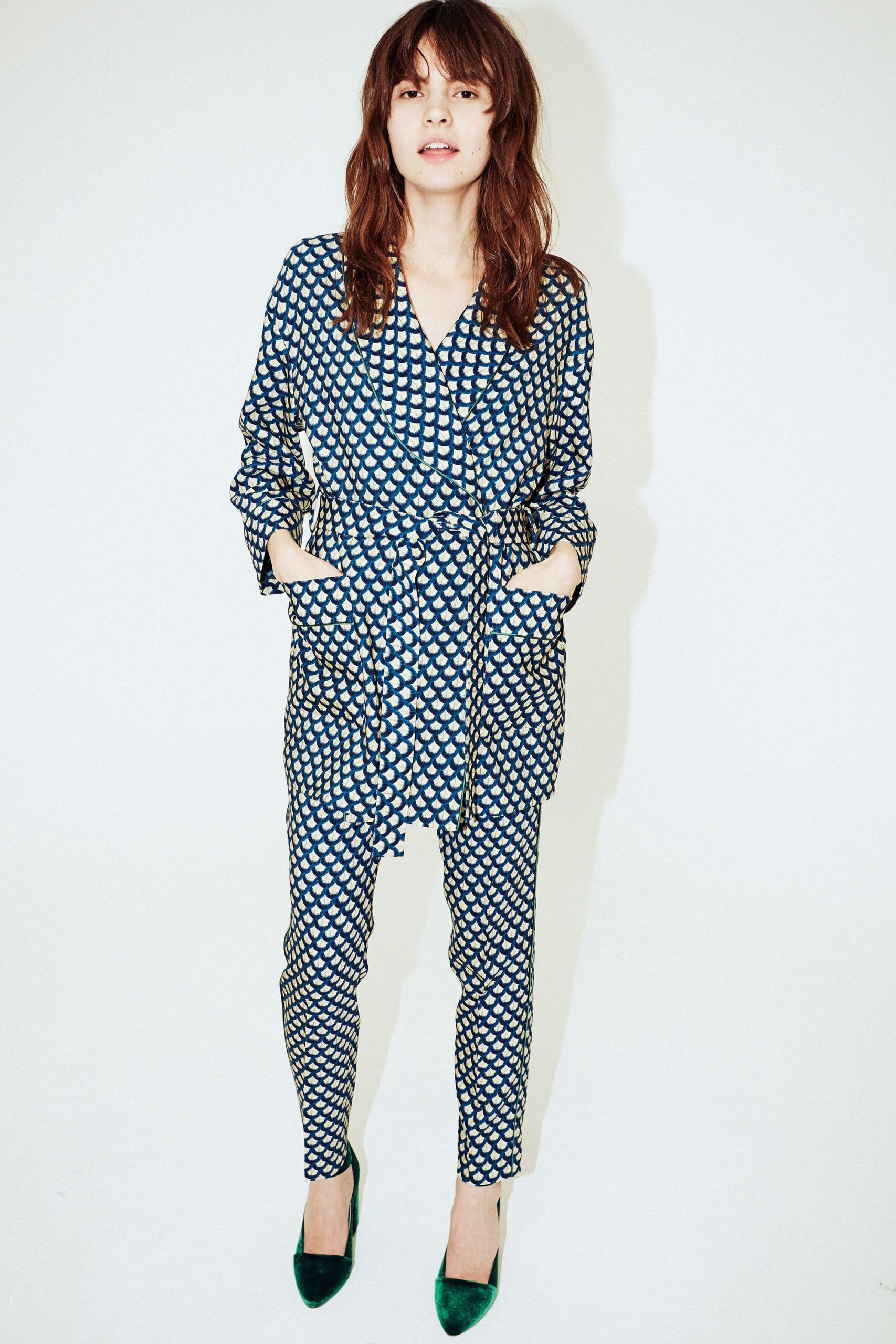 blue printed blazer and pants