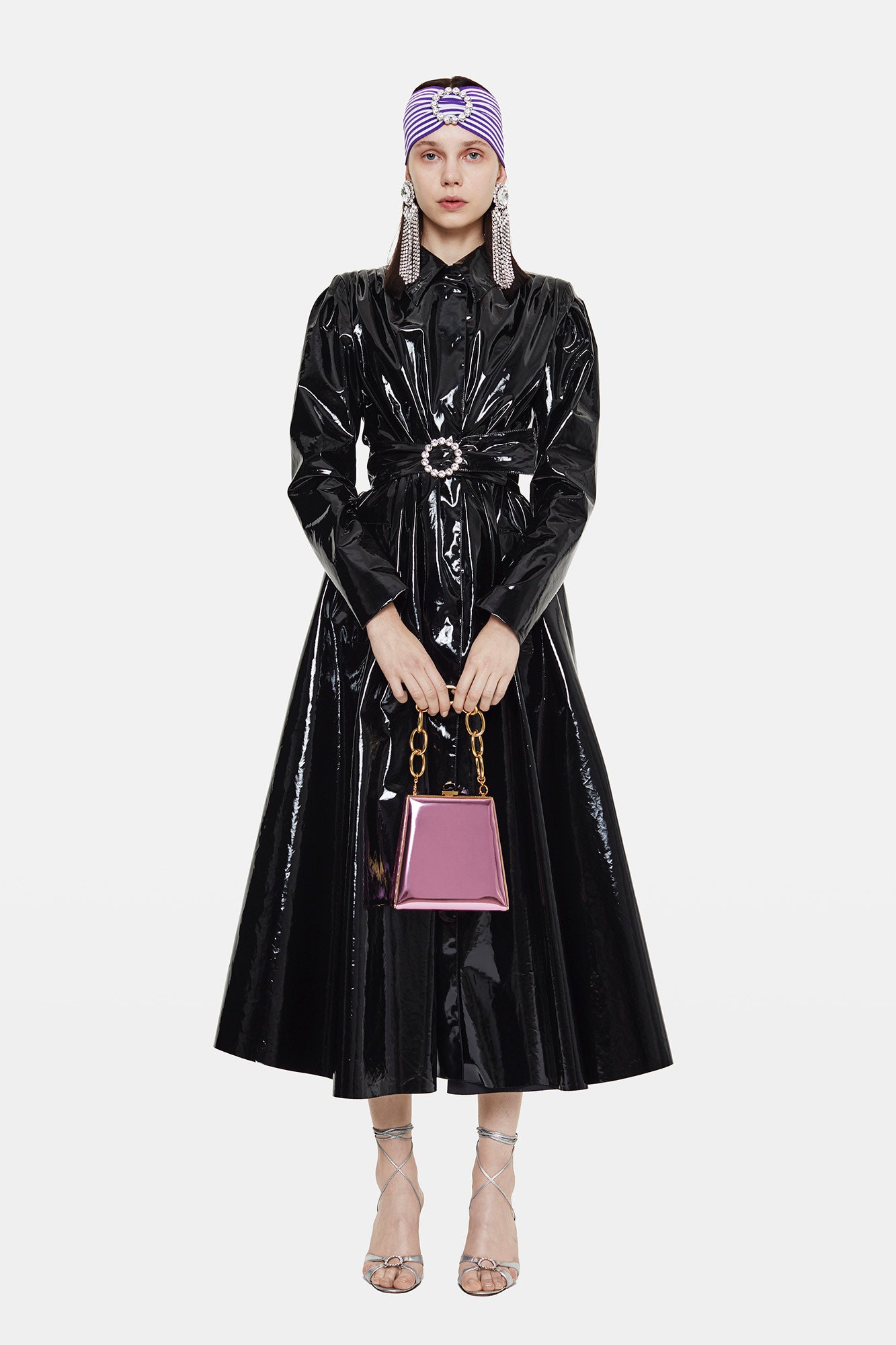 black vinyl long-sleeve collared fitted belted a-line dress
