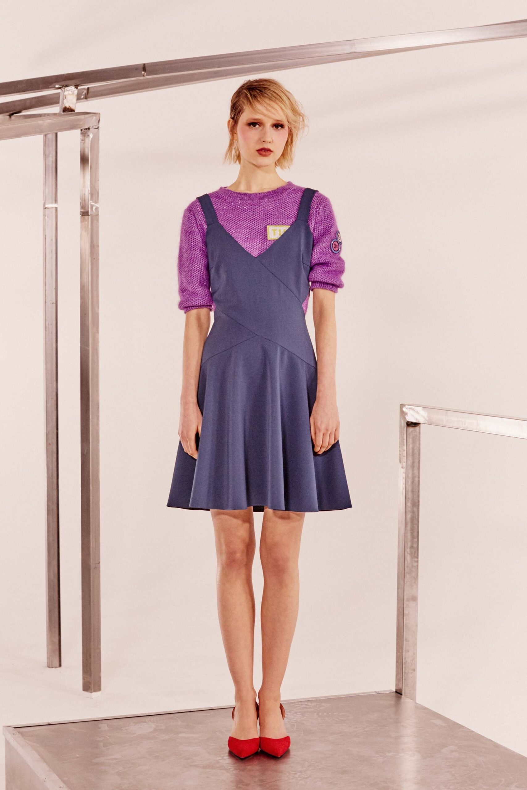 blue a-line mini dress with purple top