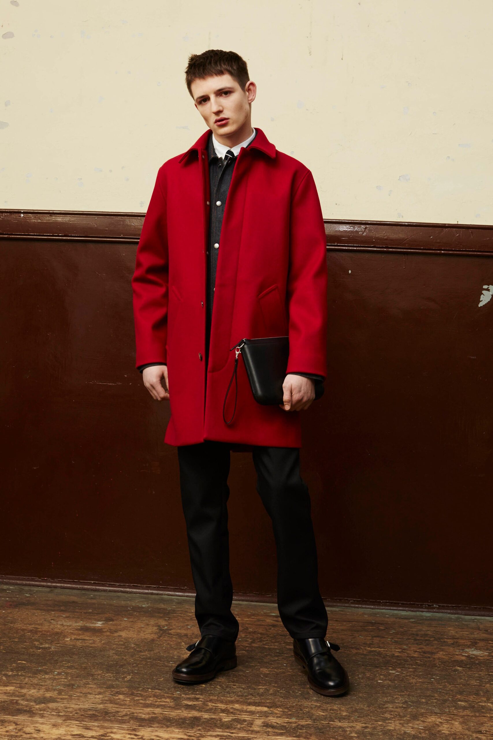 red wool coat with black shirt