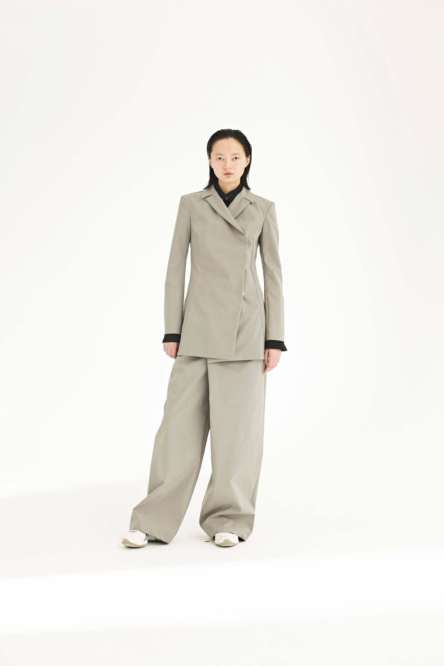 gray tailored blazer and relaxed pants