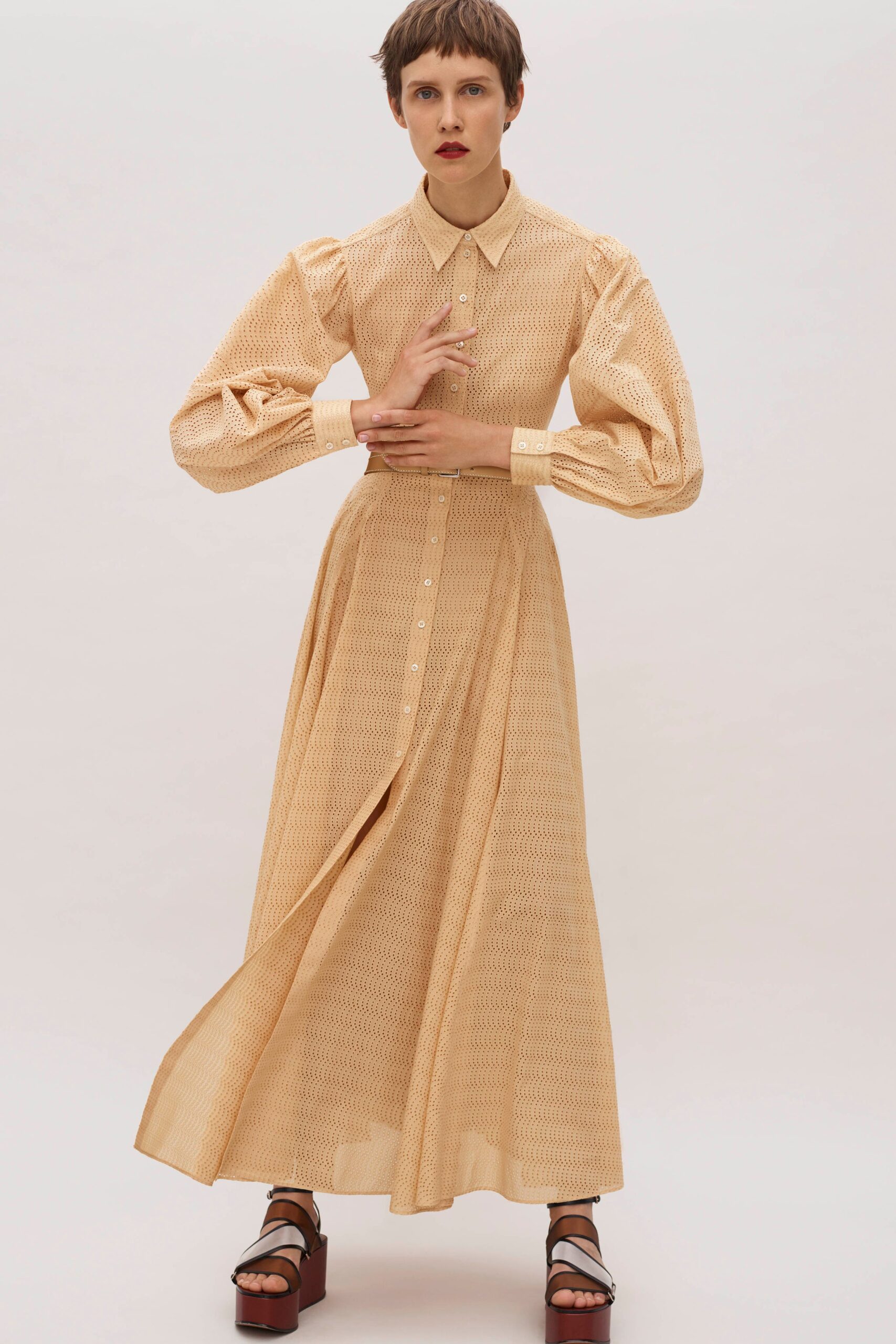 beige cotton long-sleeve dress