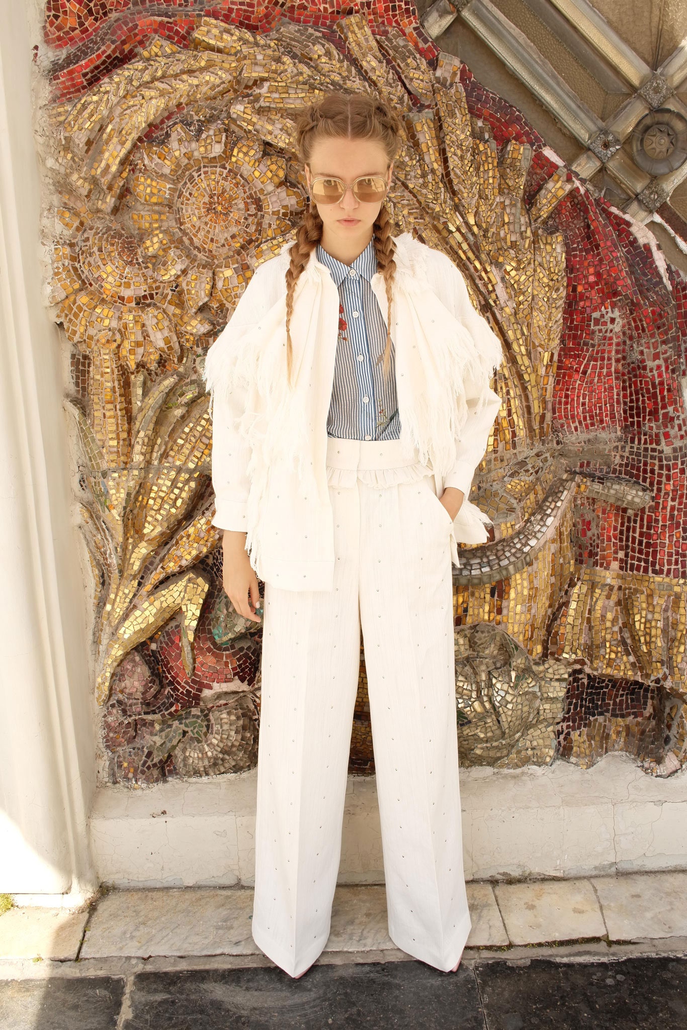 white tailored blazer with striped shirt