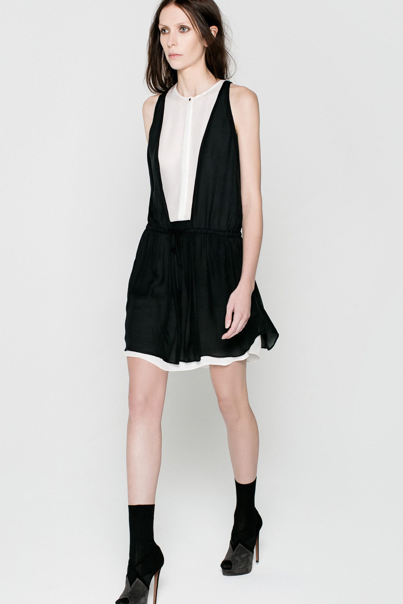 black and white silk sleeveless dress