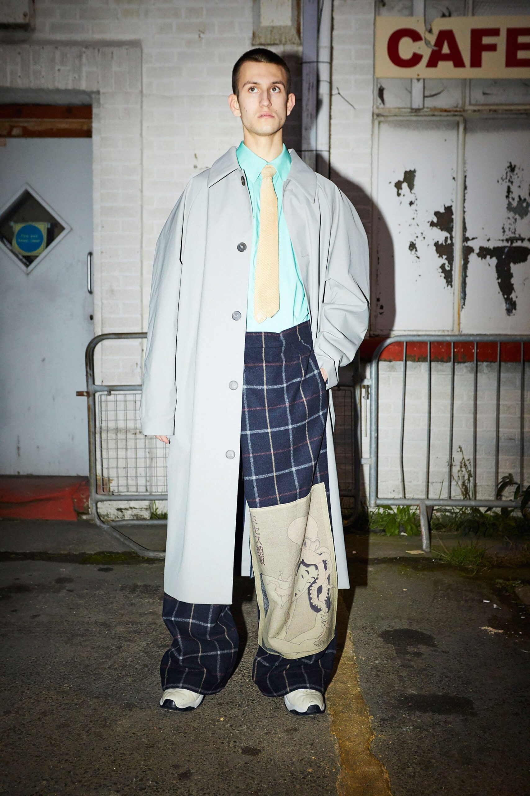 gray oversized coat with blue shirt