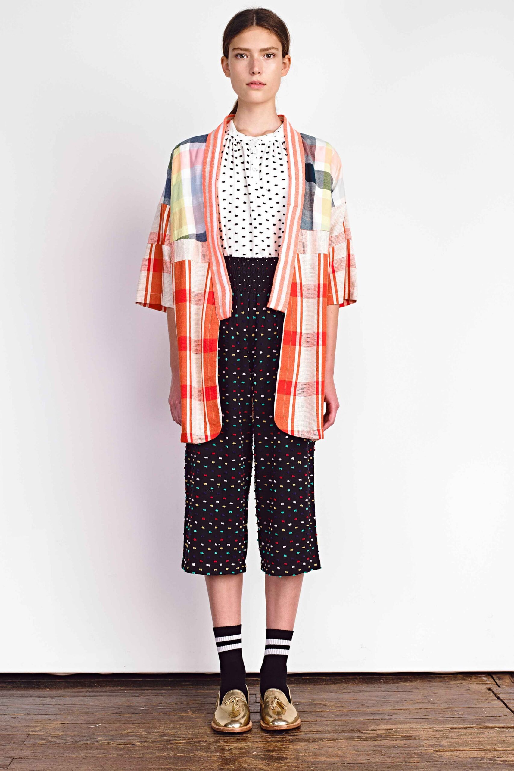 polka-dot top with printed pants