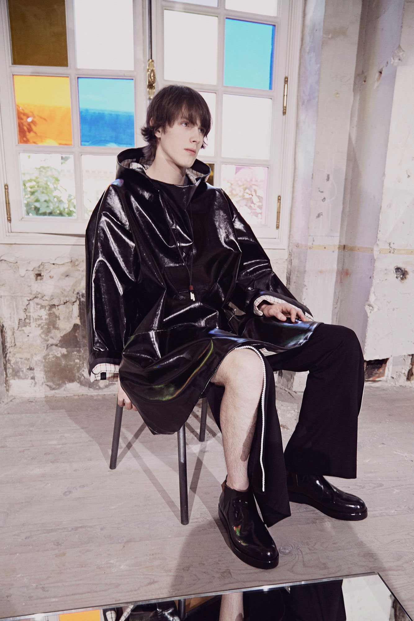 black vinyl long-sleeve hooded relaxed zippered shiny coat
