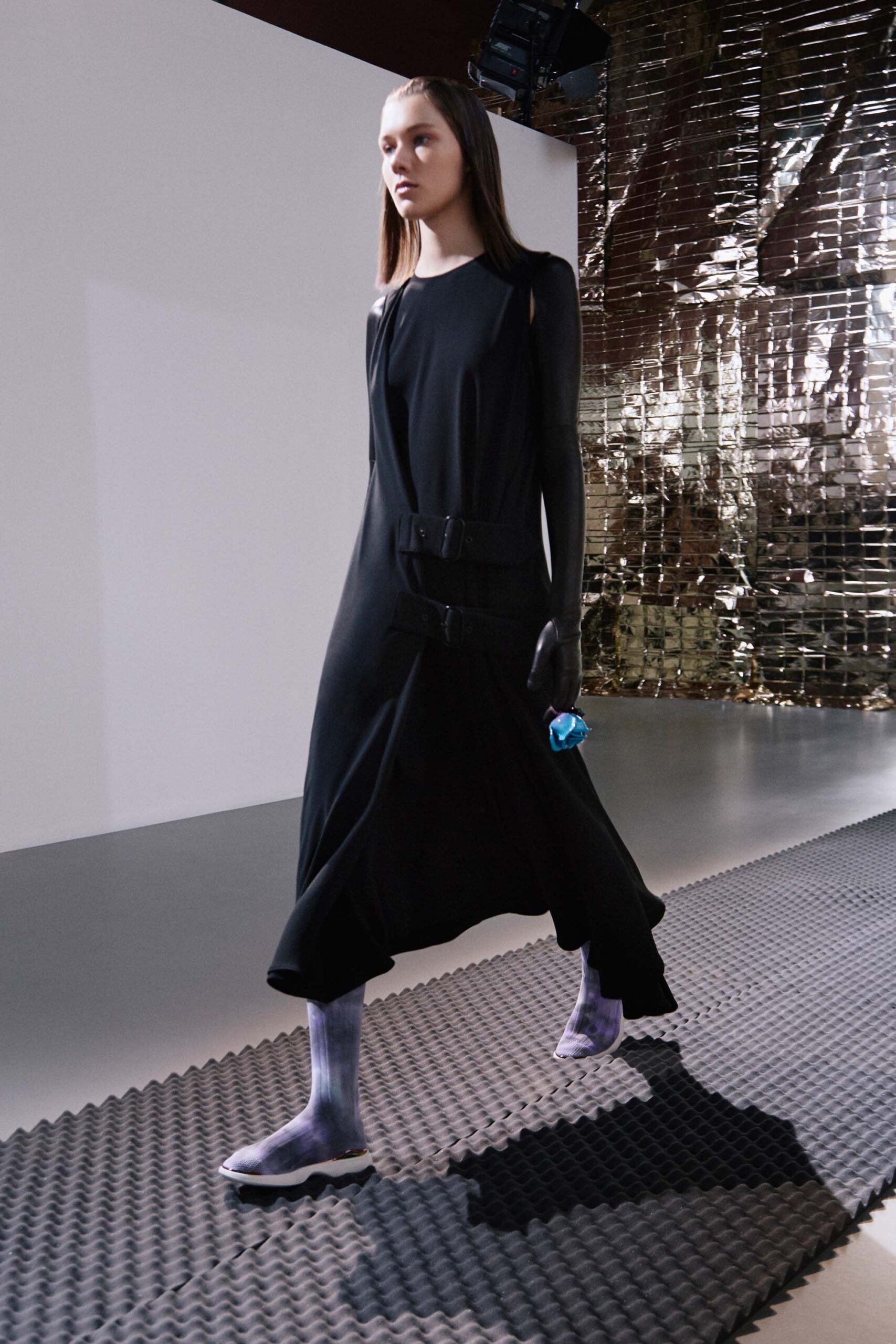 black cotton long-sleeve high-neck relaxed draped midi dress