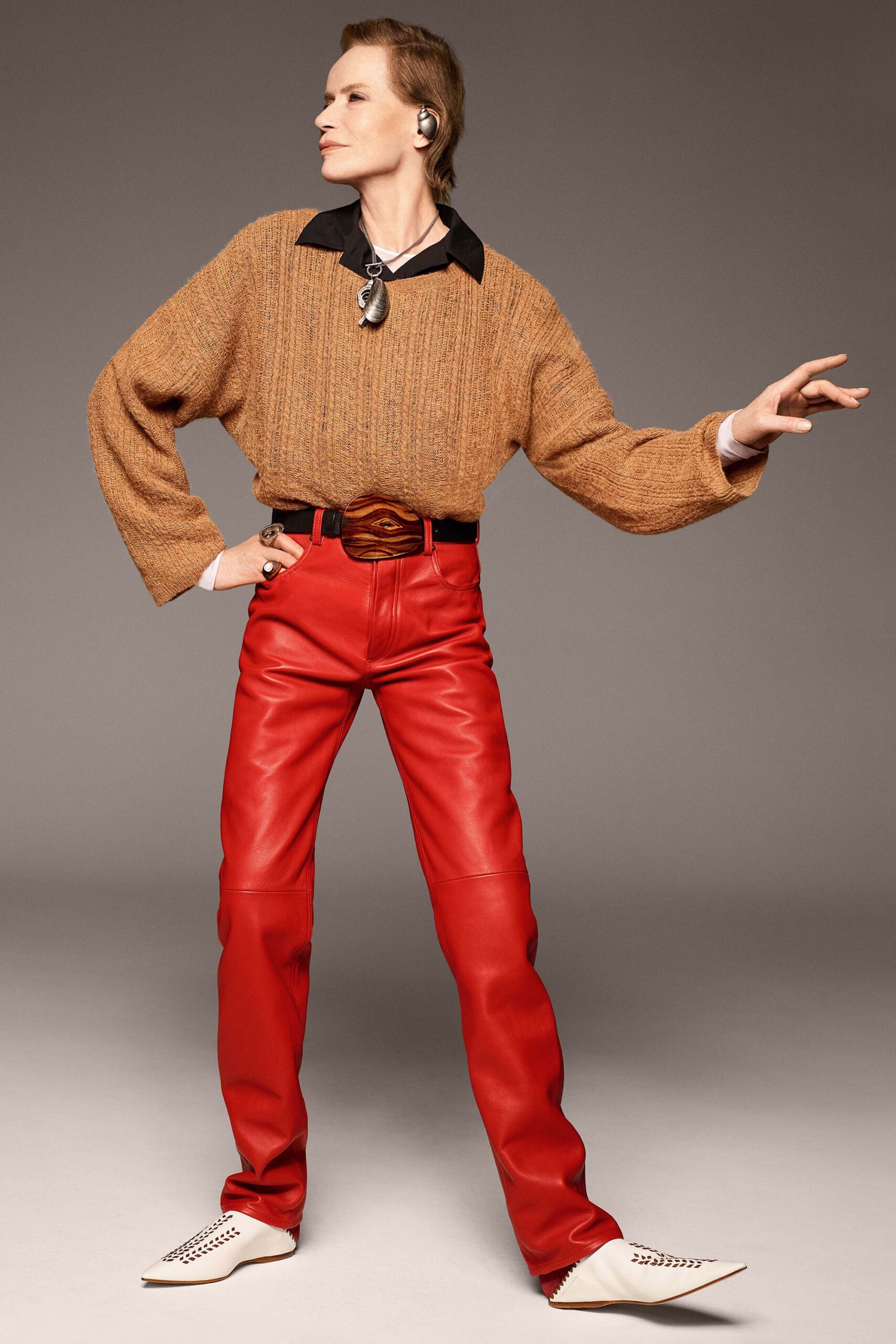 brown wool long-sleeve collared relaxed ribbed sweater