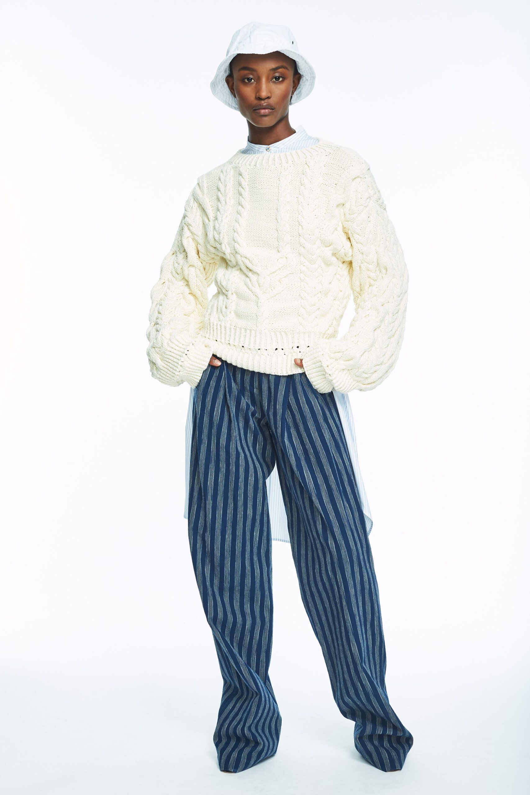 white cotton long-sleeve collared relaxed sweater