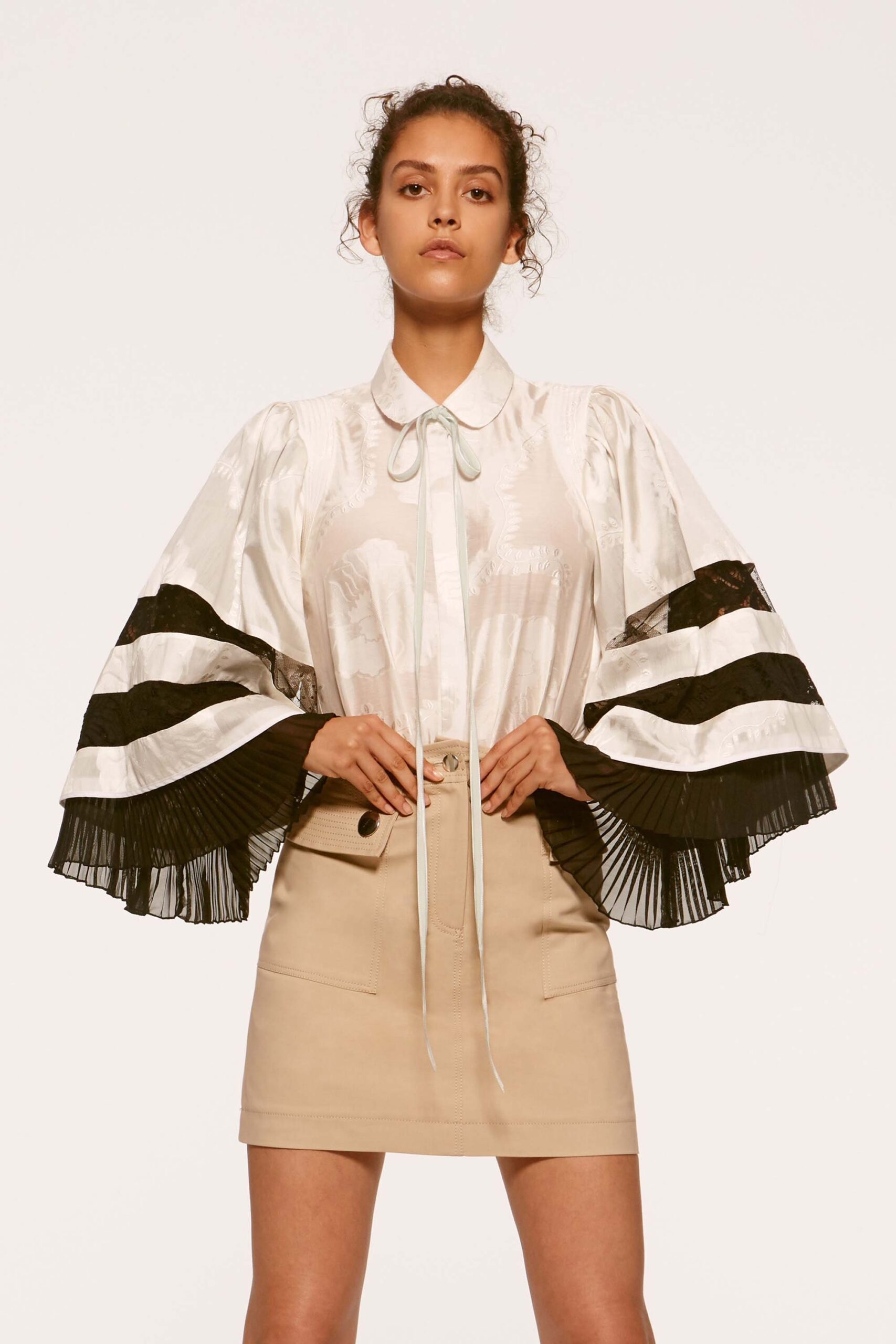 white silk long-sleeve collared fitted striped pleated blouse