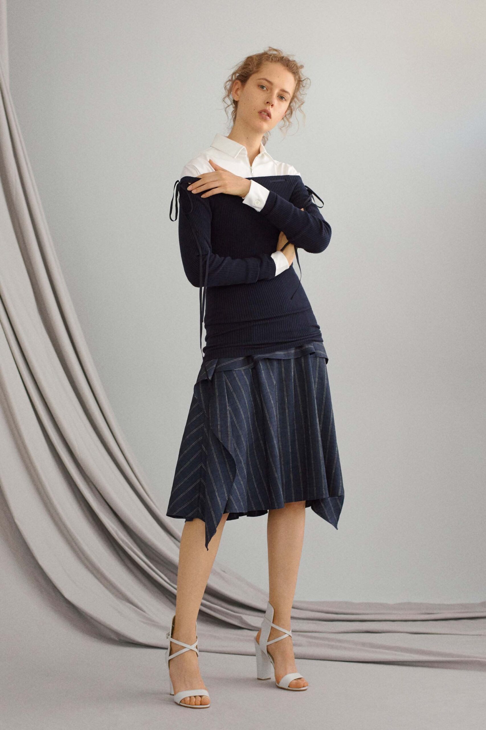 navy cotton top with asymmetric blue skirt