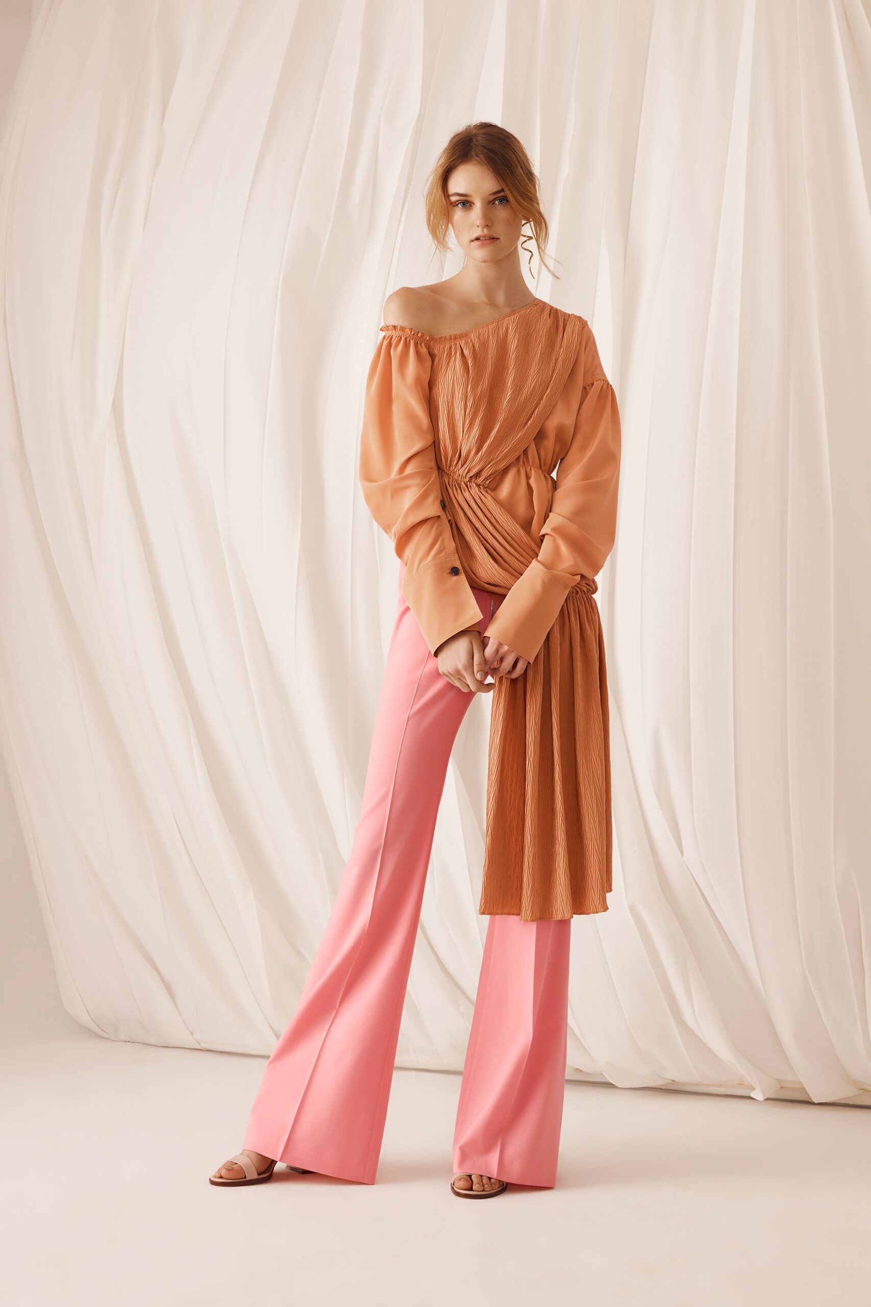 orange silk long-sleeve off-shoulder fitted draped top