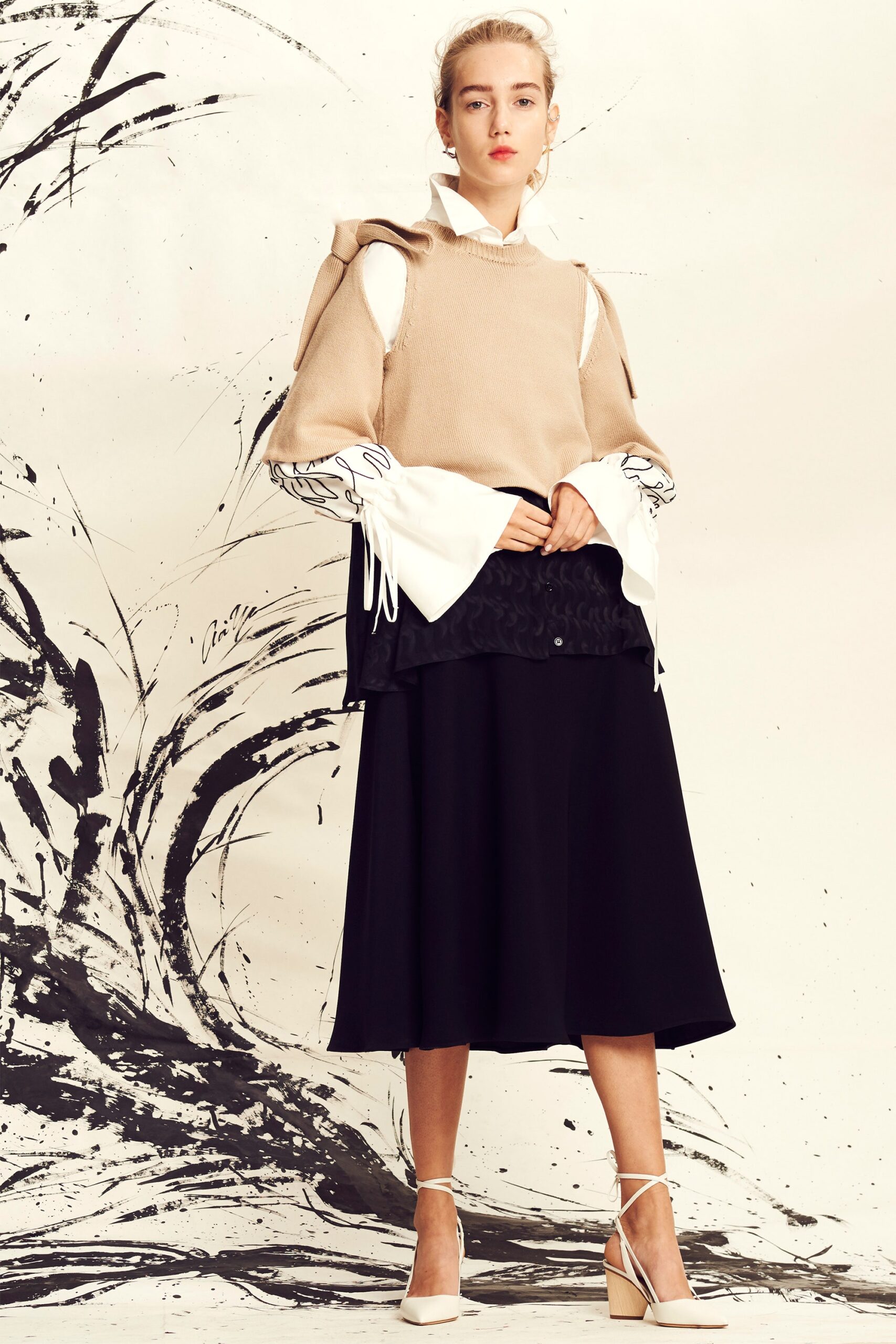 beige cotton long-sleeve collared relaxed layered top
