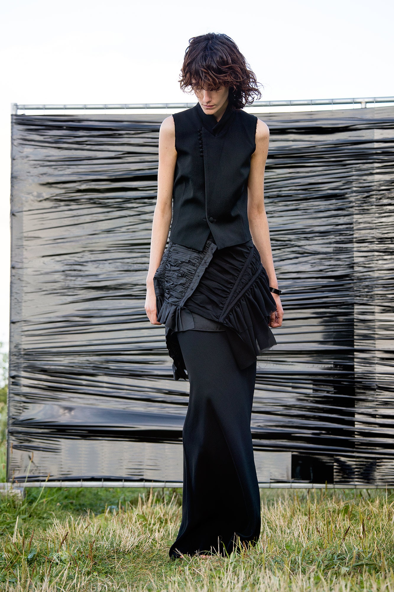 black cotton sleeveless collared fitted ruched maxi dress