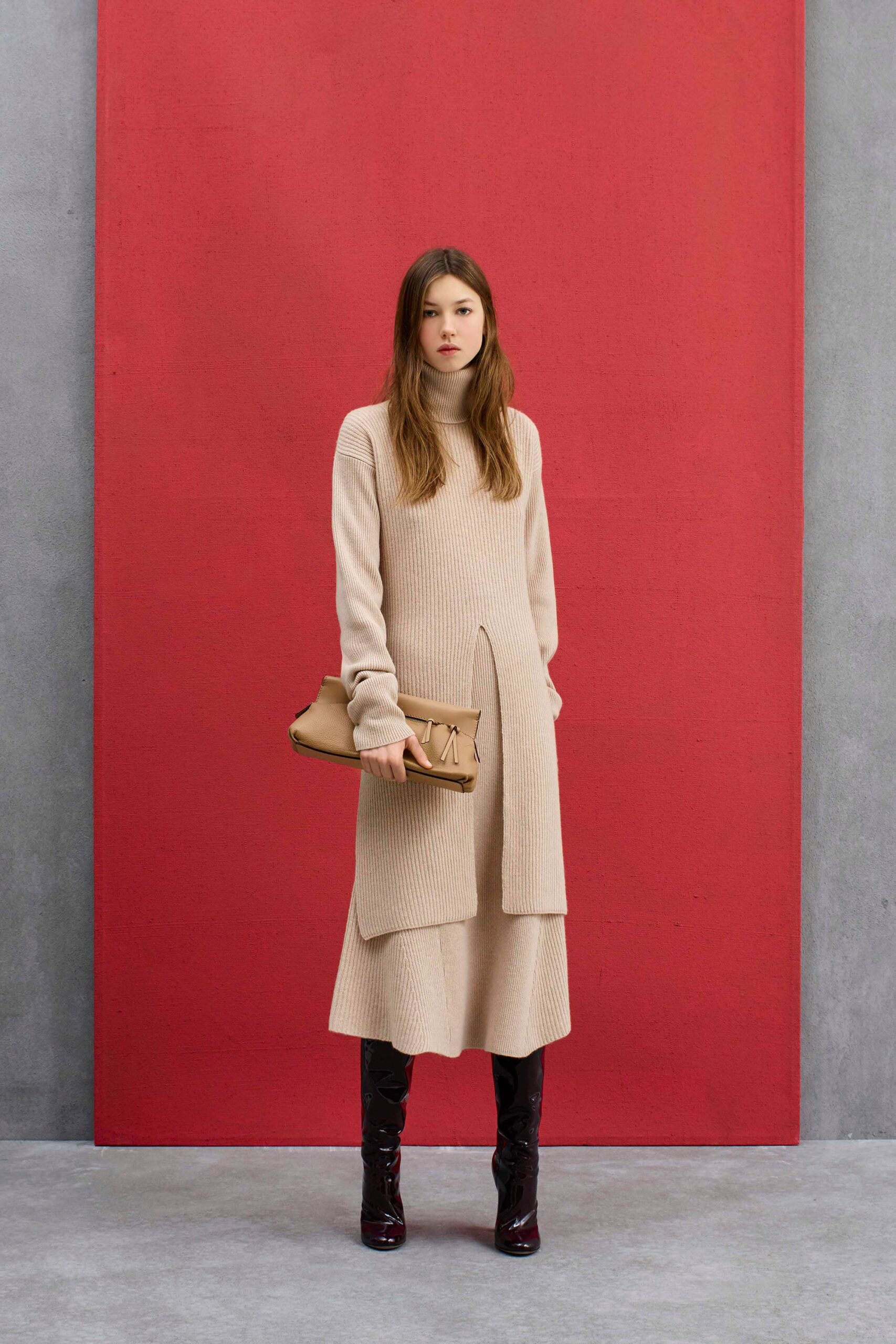 beige knit long-sleeve high-neck fitted layered midi dress