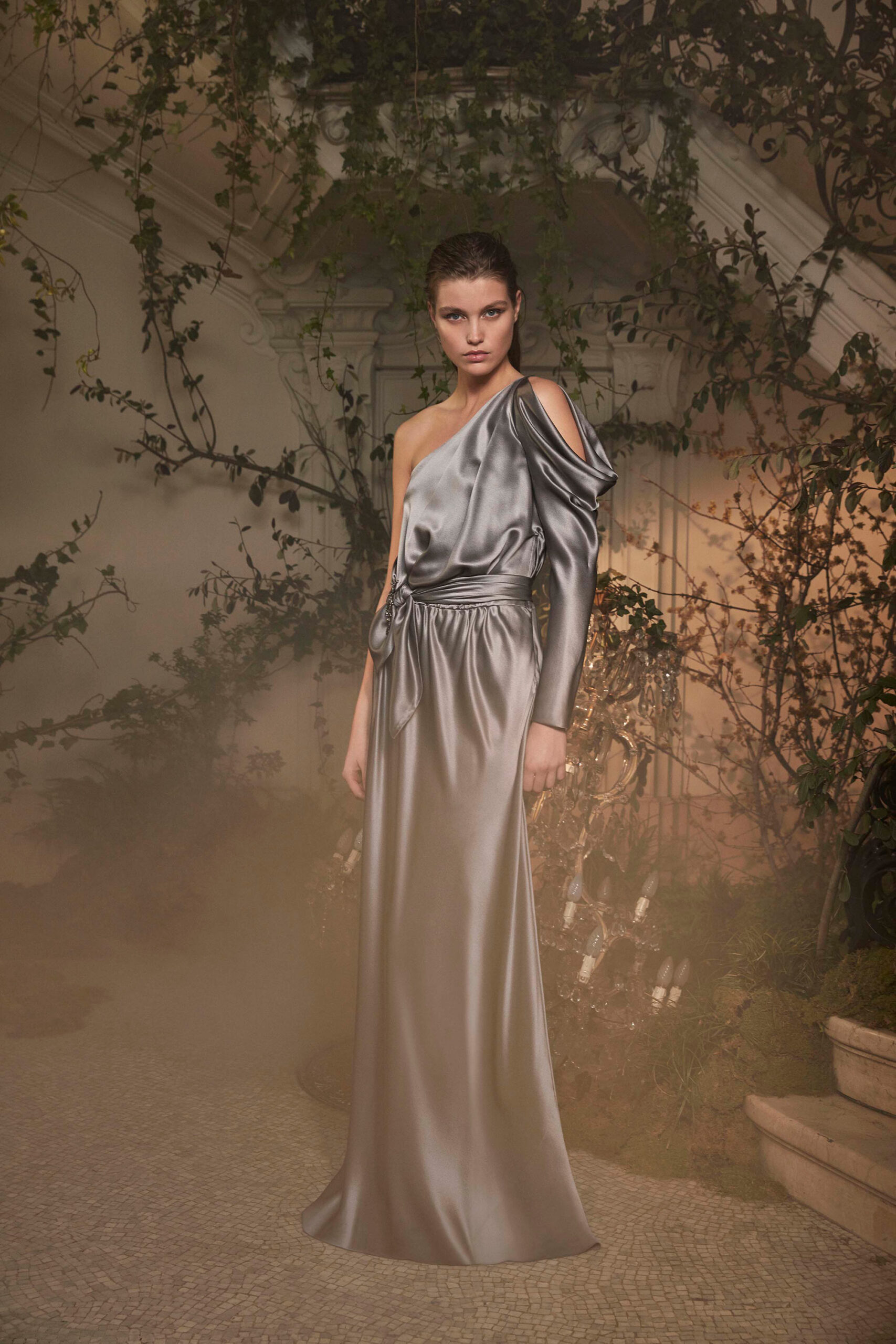 gray silk off-shoulder gown